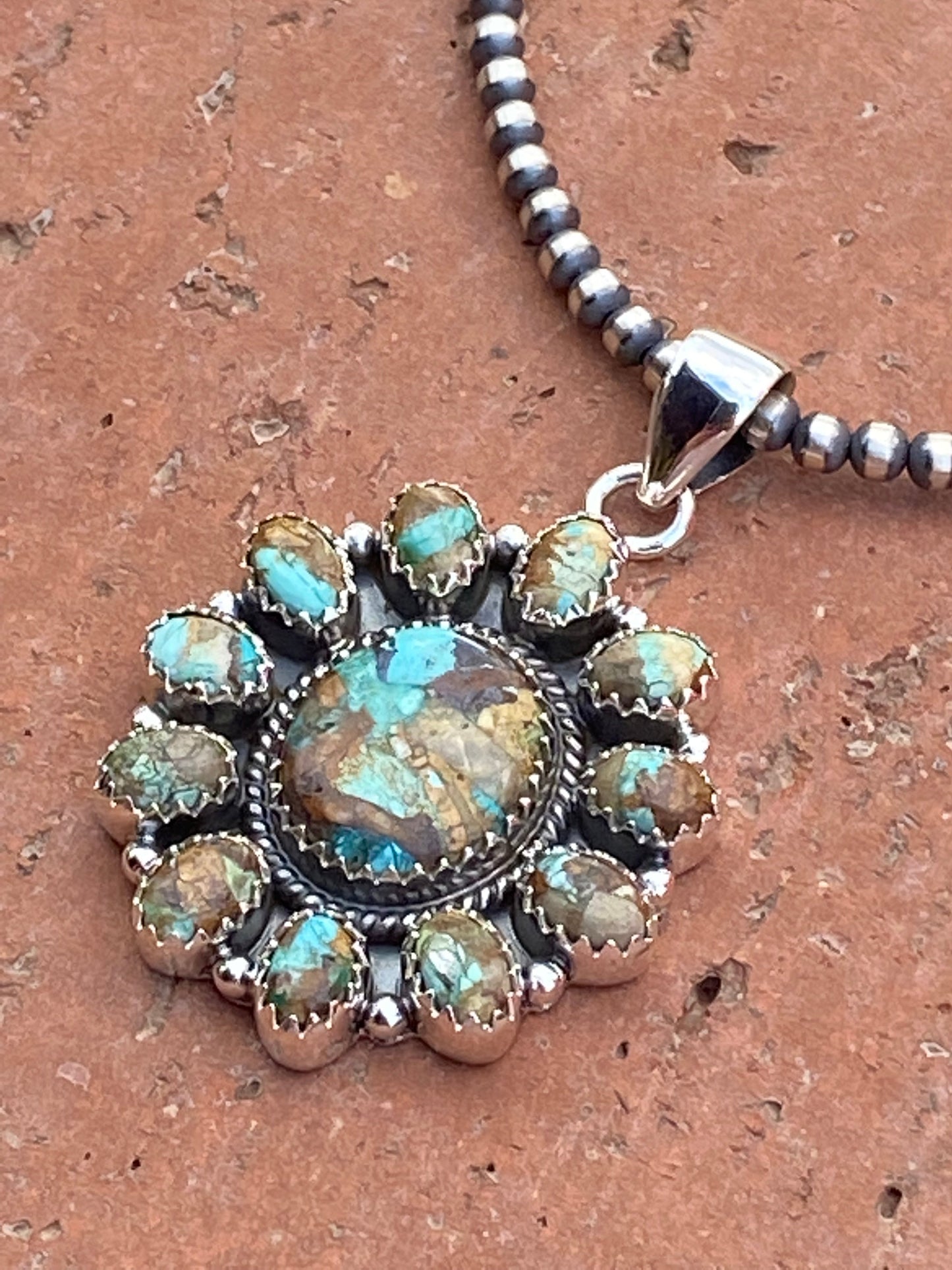 Handmade Sterling Silver & Royston Turquoise Cluster Pendant Signed