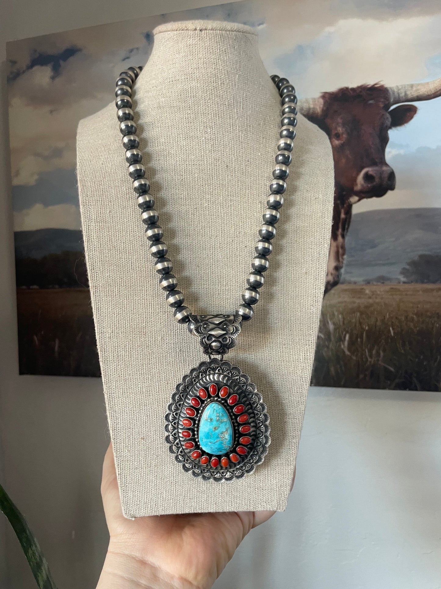 Navajo Sterling Silver, Coral, & Kingman Turquoise Pendant Signed
