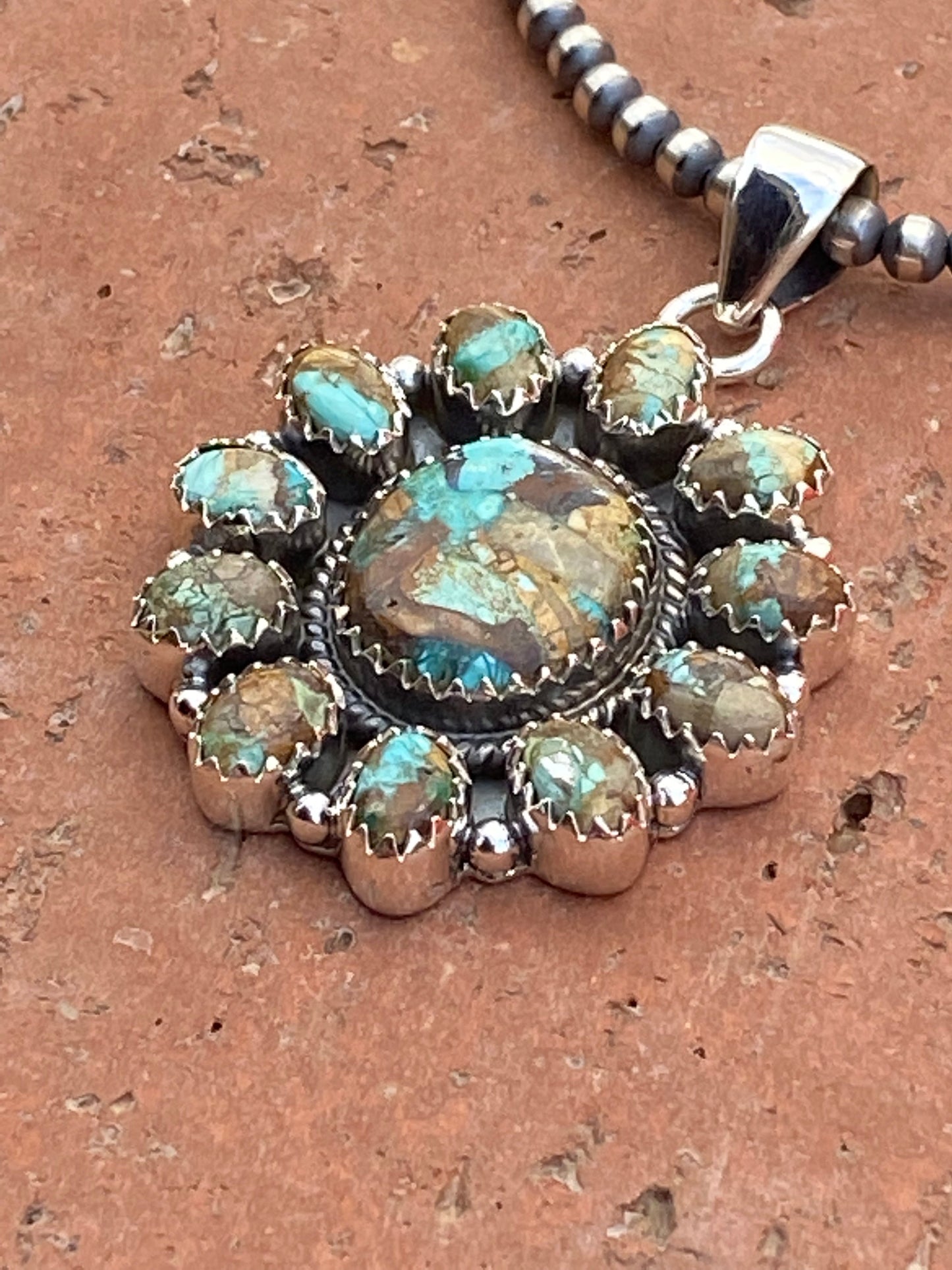 Handmade Sterling Silver & Royston Turquoise Cluster Pendant Signed
