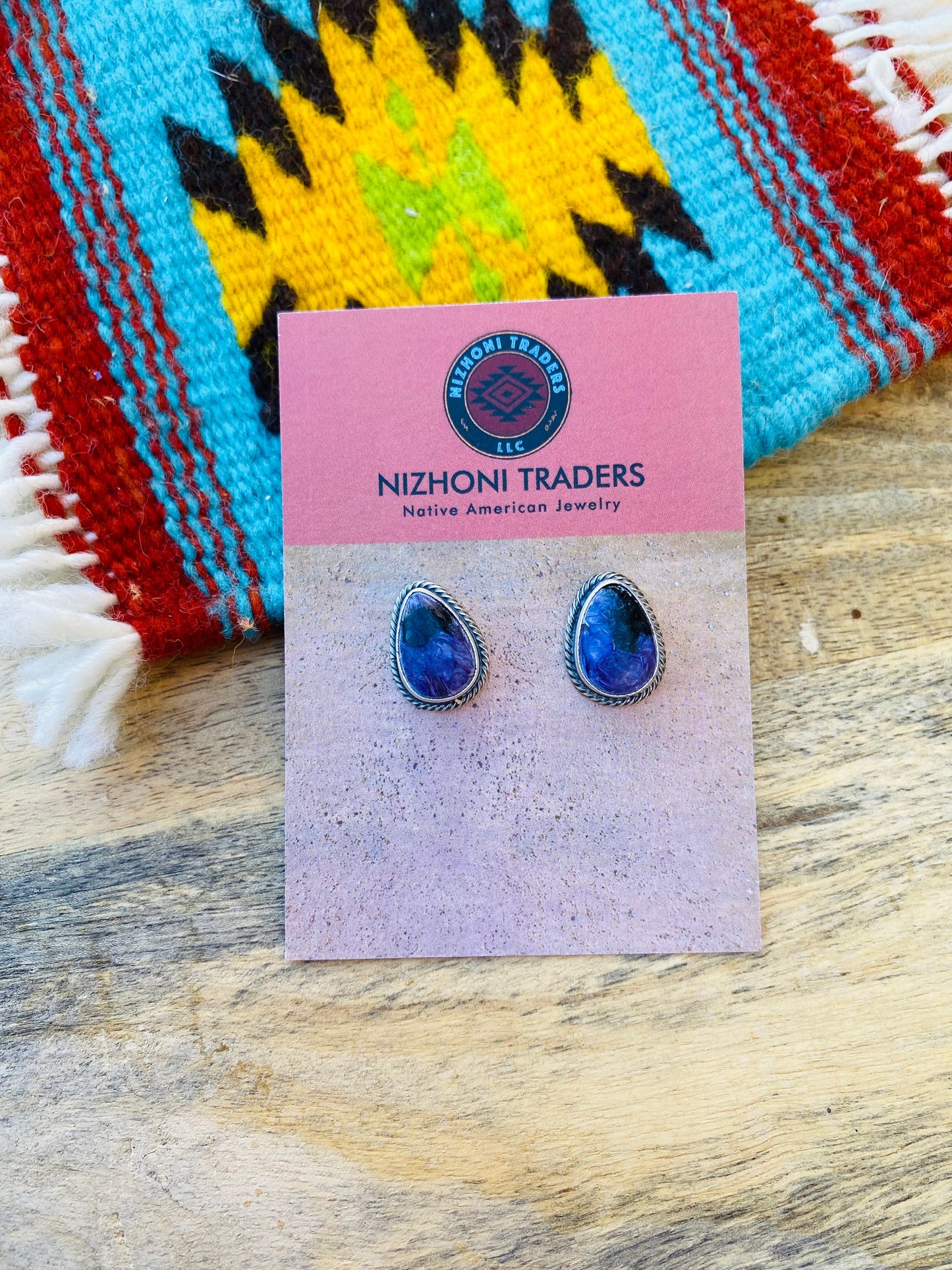 Navajo Charoite And Sterling Silver Stud Earrings Signed
