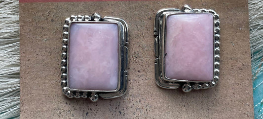 Navajo Sterling Silver Pink Conch Rectangle Stud Earrings