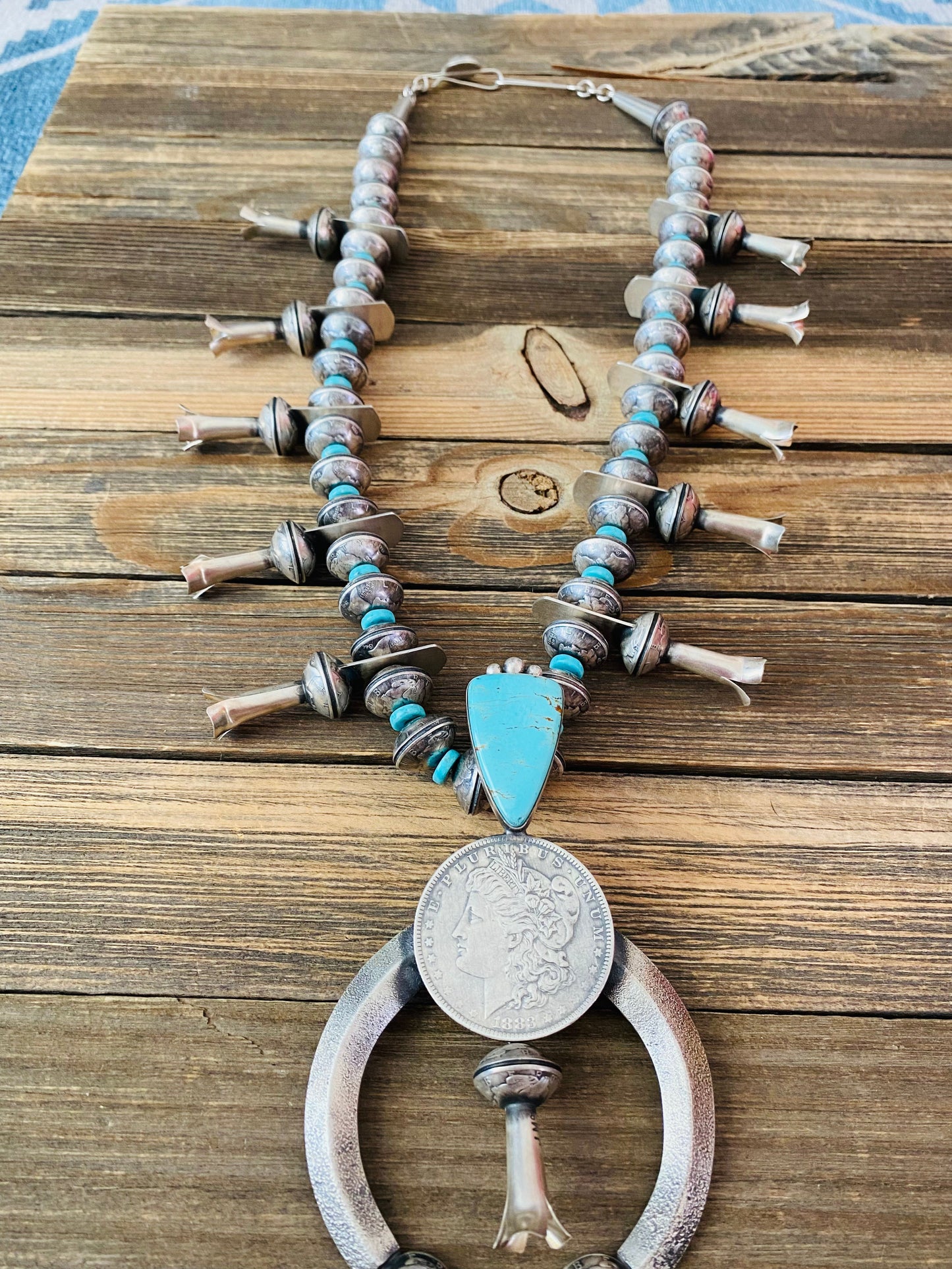 Navajo James McCabe Turquoise & Sterling Silver Liberty Dime Squash Blossom Necklace