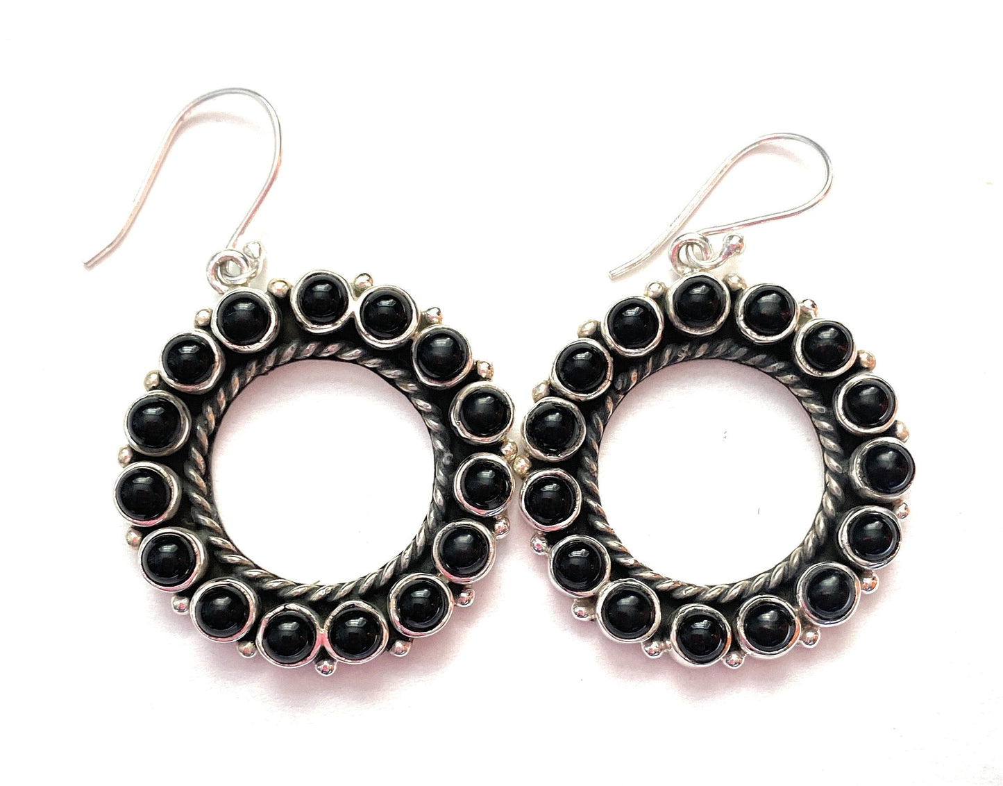 Handmade Black Onyx And Sterling Silver Cluster Dangle Earrings