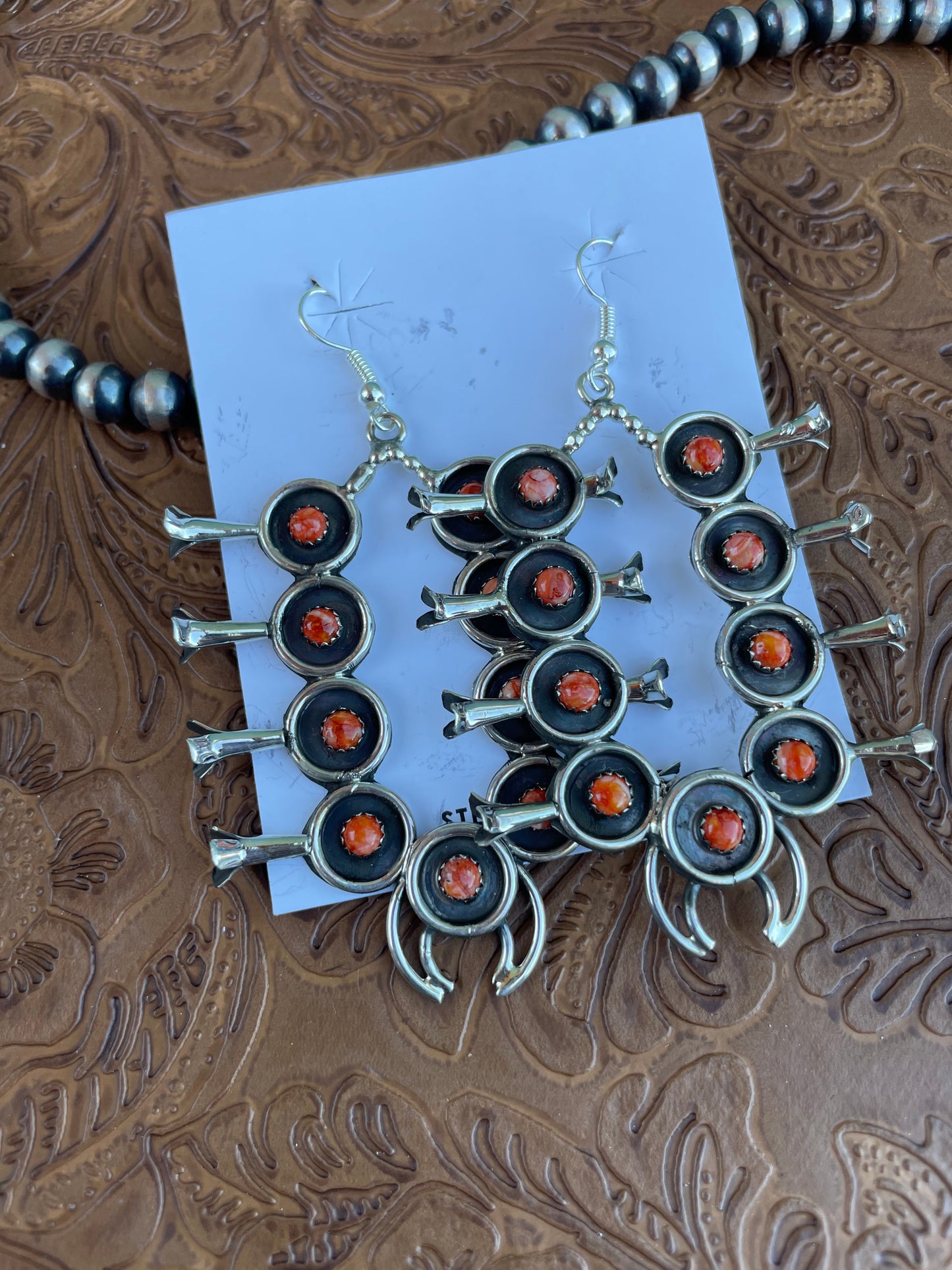 Navajo Orange Spiny and Sterling Silver Blossom Dangle Earrings