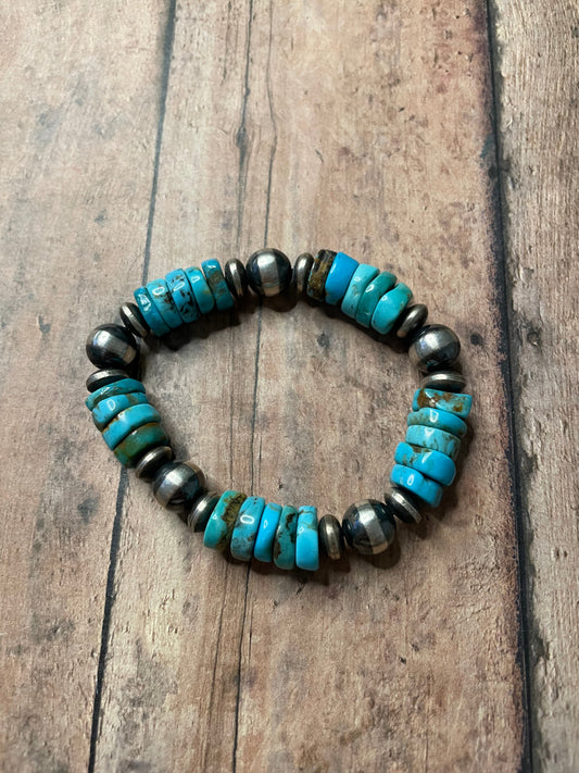 Navajo Sterling Silver Stretchy Natural #8 Turquoise Beaded Bracelet