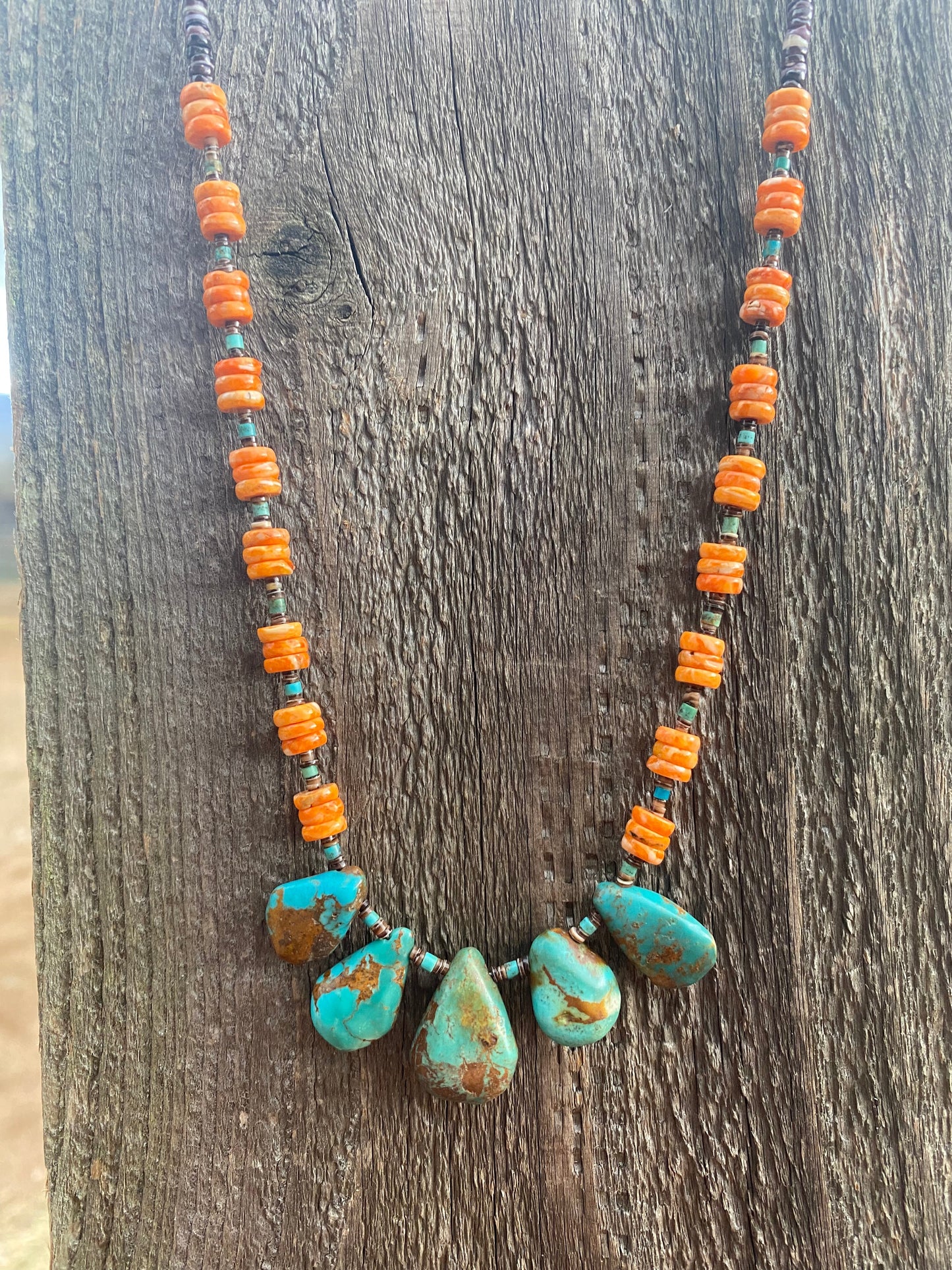 Navajo Handmade Orange Spiny, Turquoise & Heishi Beaded Necklace