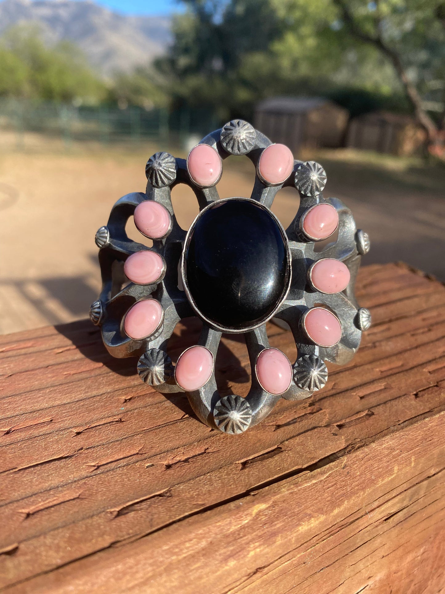 Chimney Butte Sterling Silver Onyx  & Queen Pink Conch Shell Cuff Bracelet