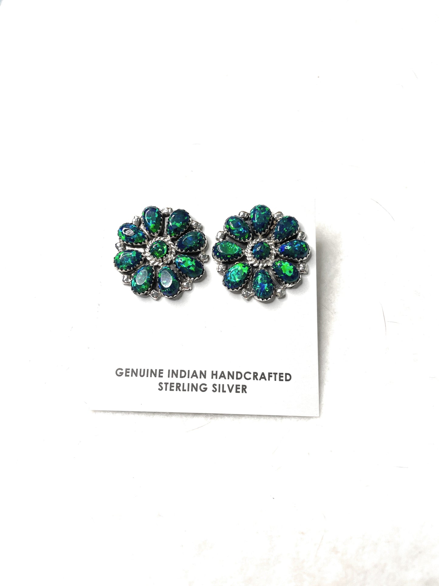 Navajo Sterling Silver & Green Opal Cluster Post Earrings Signed