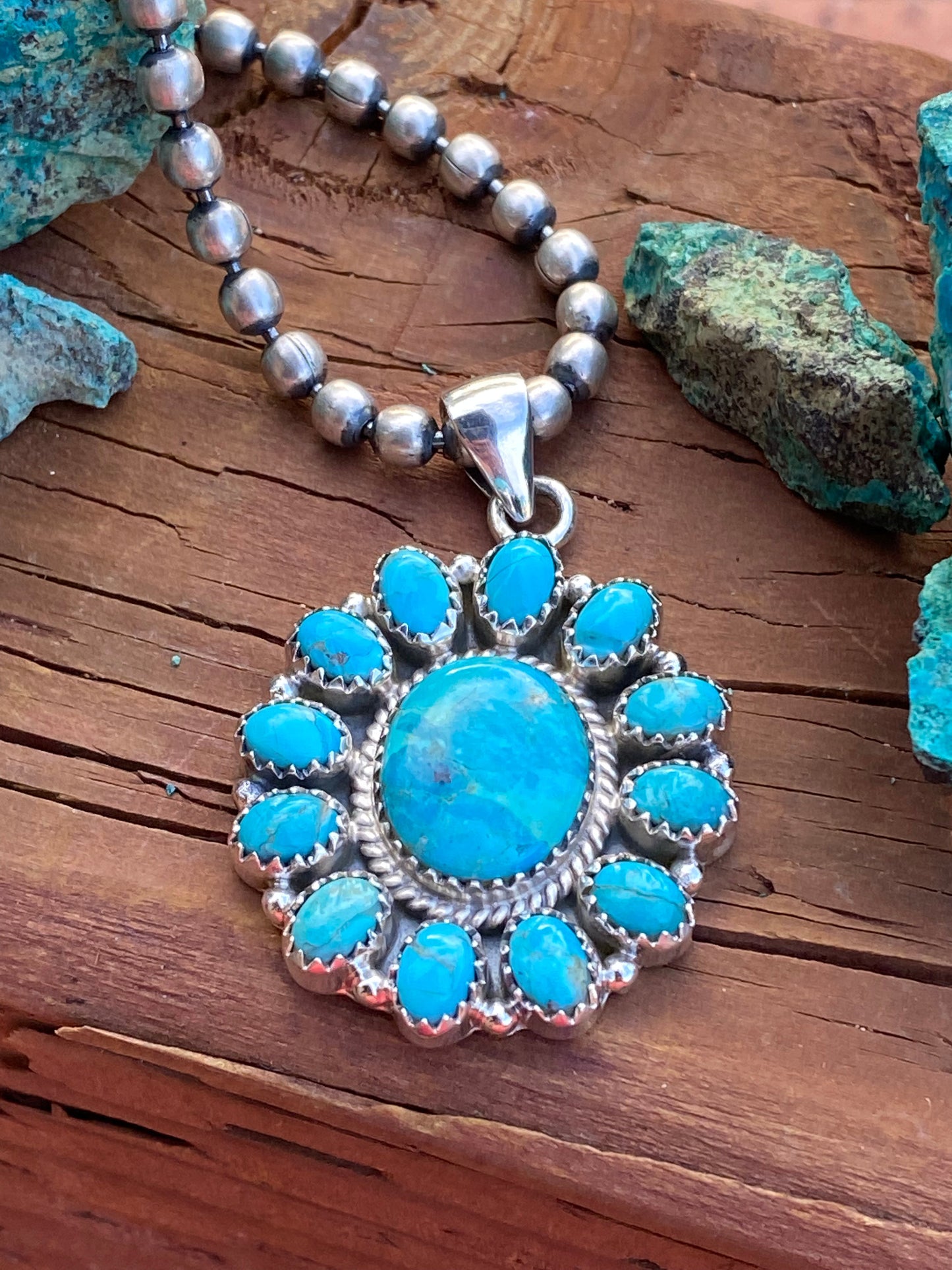 Handmade Sterling Silver & Mojave Turquoise Cluster Pendant Signed