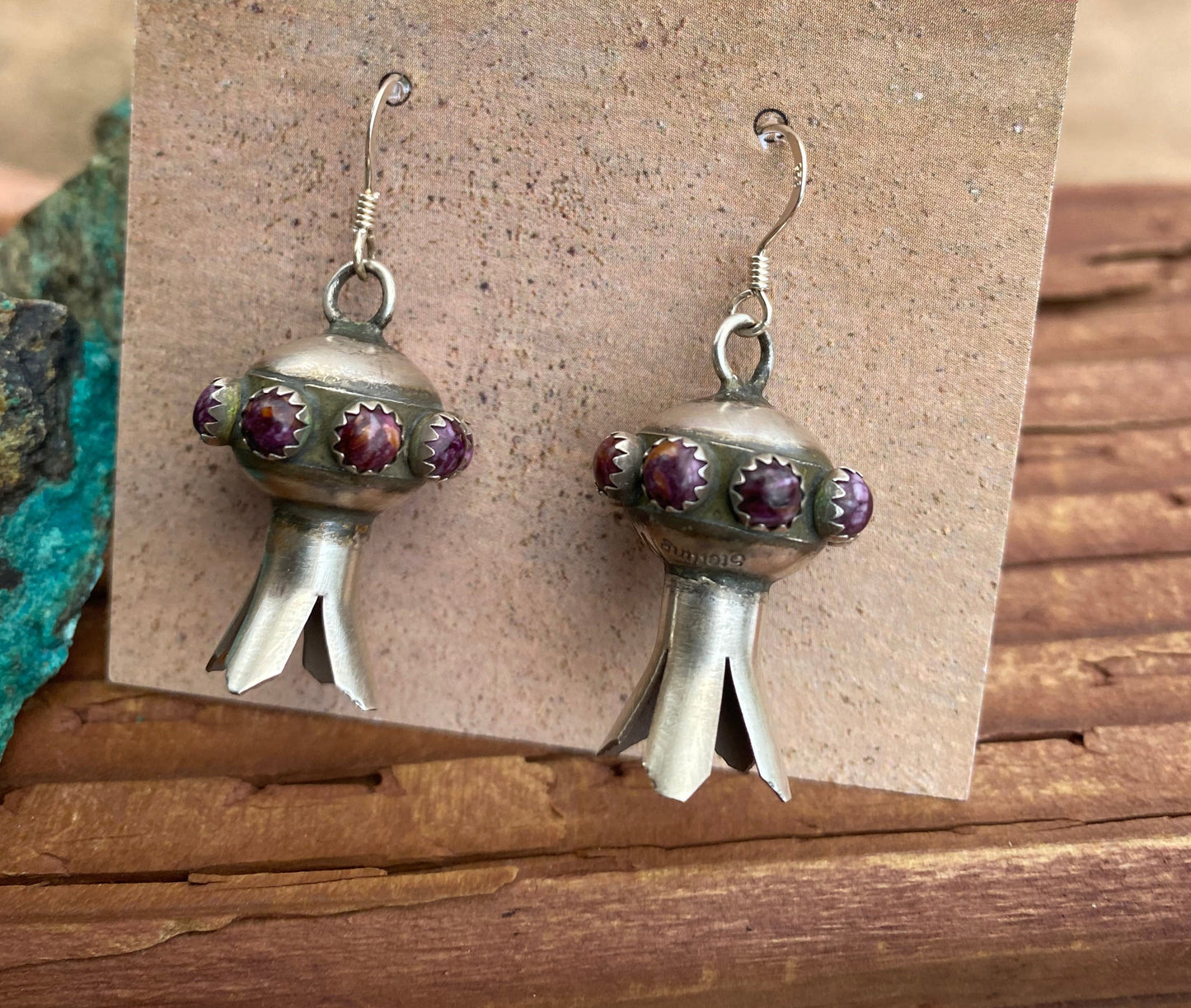 Navajo Purple Spiny Oyster and Sterling Silver Blossom Dangle Earrings Signed
