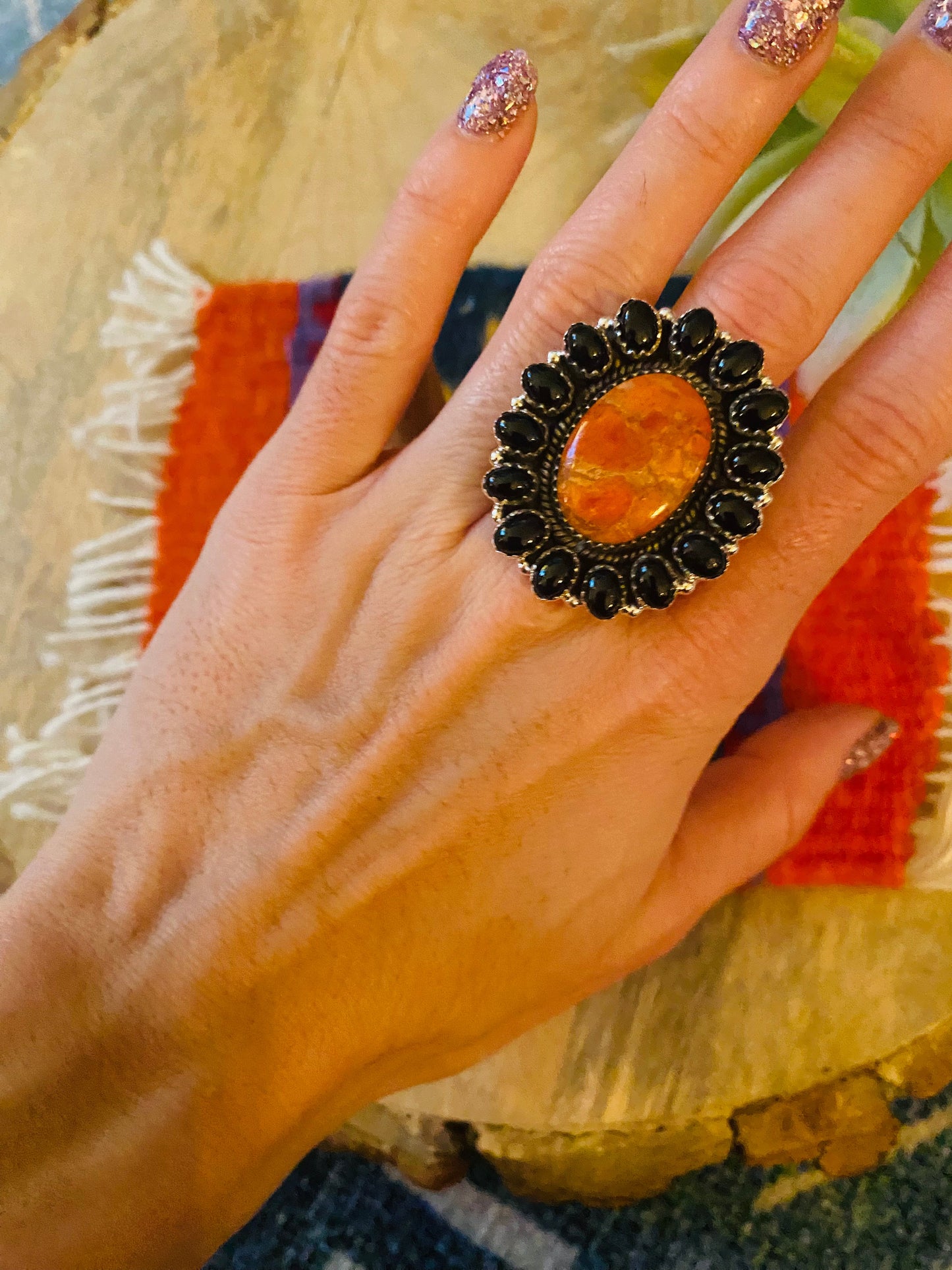 Handmade Sterling Silver, Onyx & Spiny Mohave Cluster Adjustable Ring