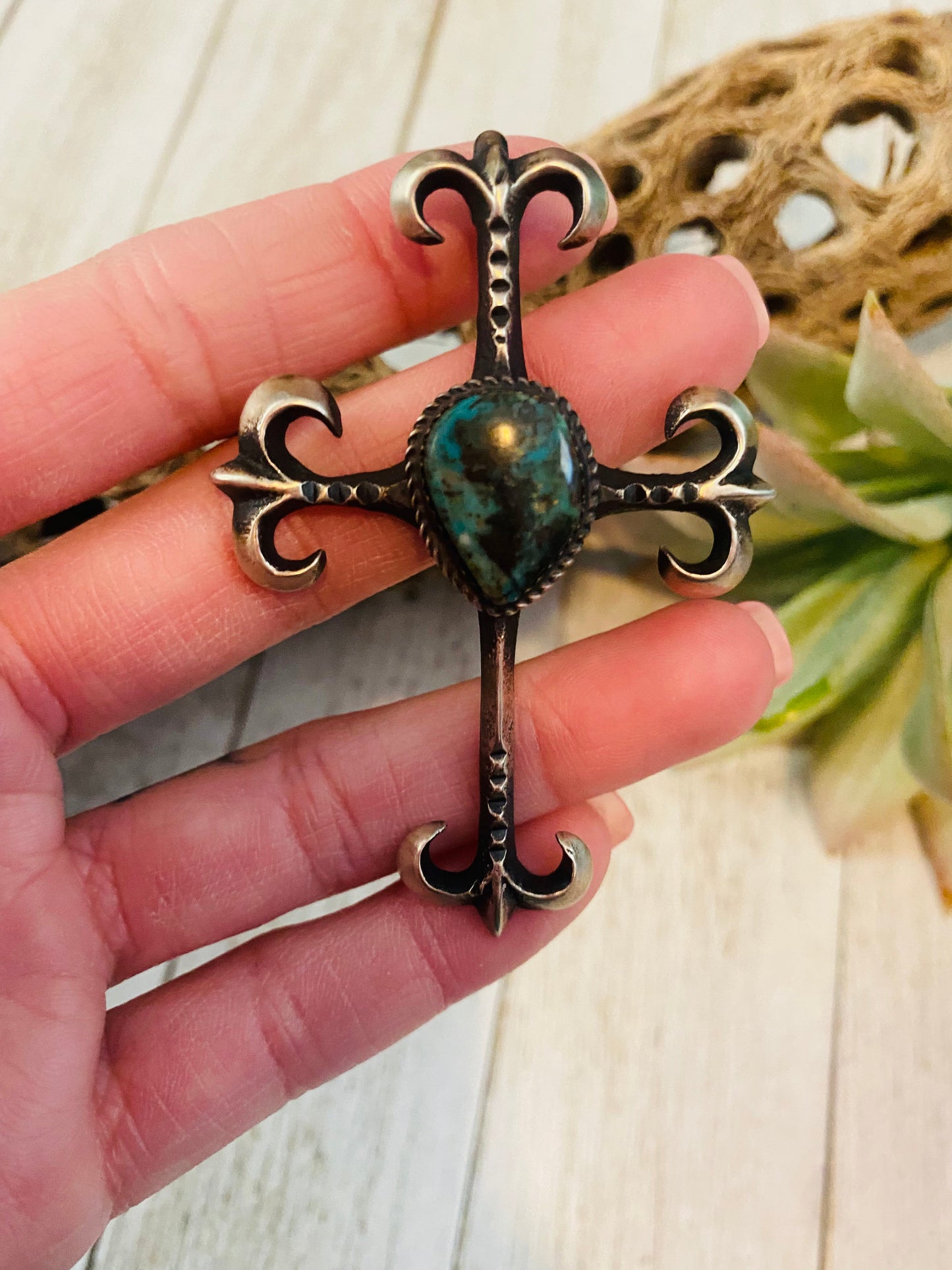 Navajo Sterling Silver & Royston Turquoise Cross Pendant By Martha Cayatineto