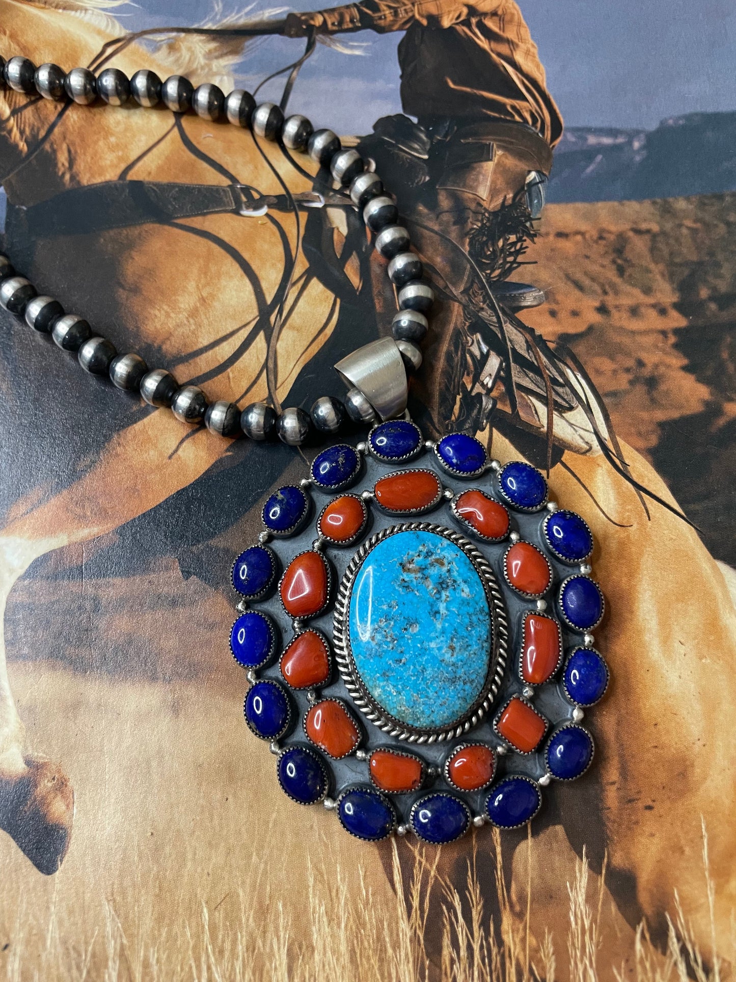 Navajo Natural Kingman Turquoise, Natural Coral, Lapis & Sterling Silver Pendant Signed