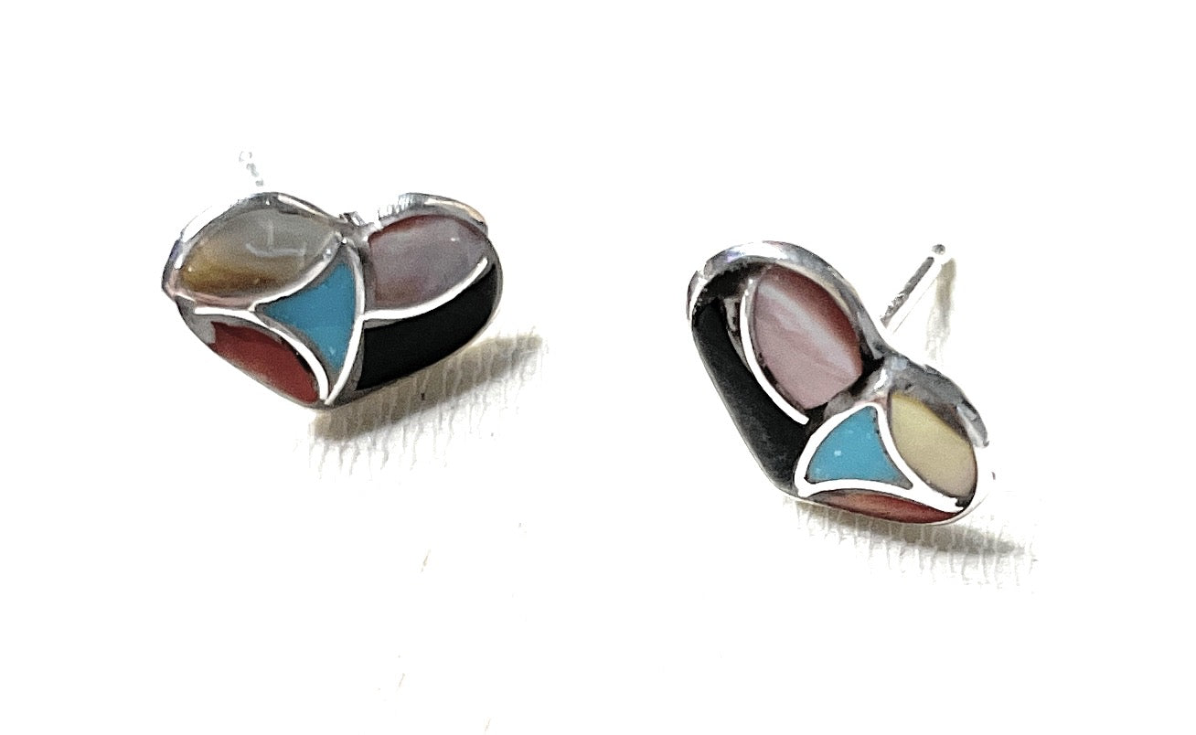 Zuni Sterling Silver & Multi Stone Inlay Stud Heart Earrings