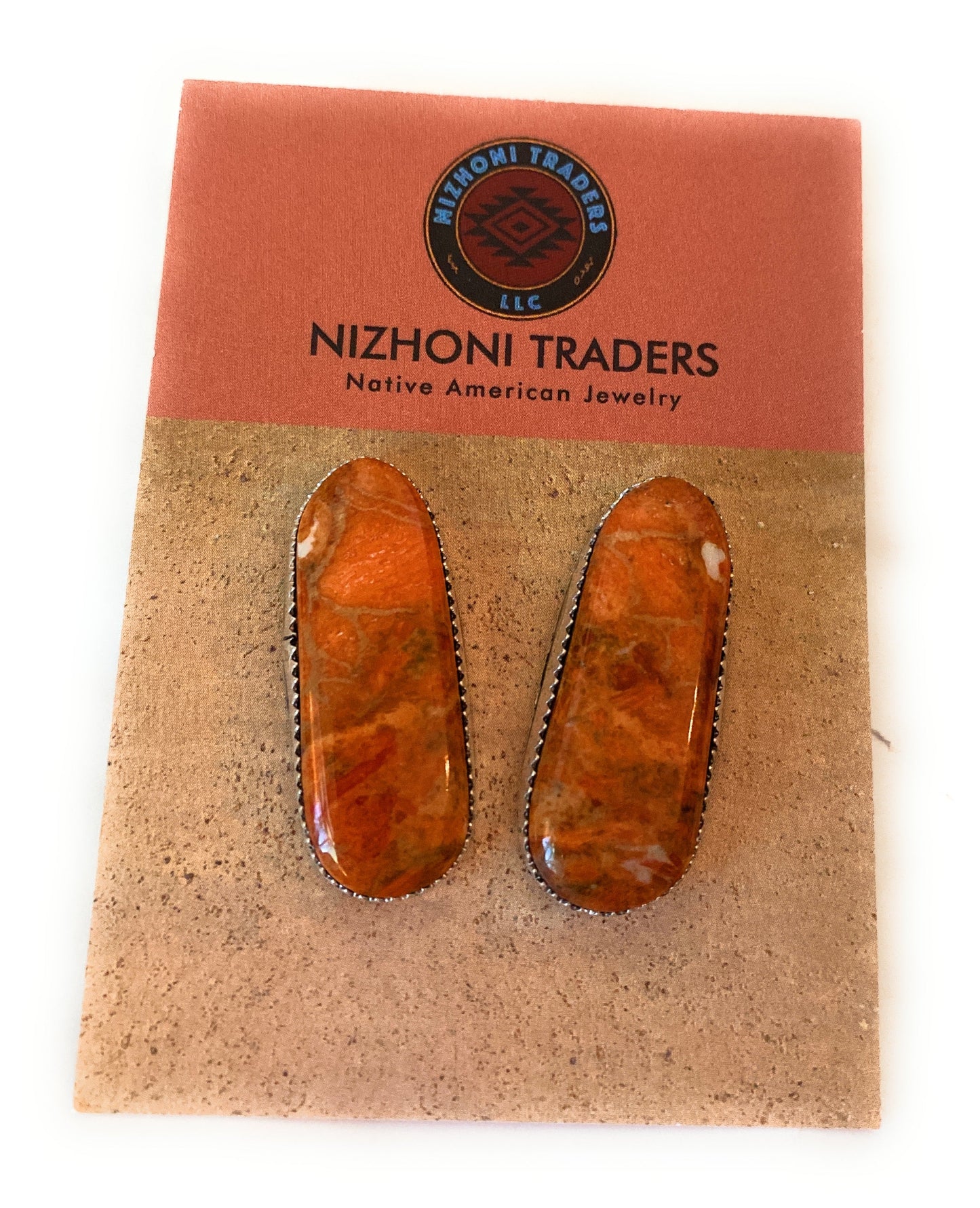 Navajo Sterling Silver & Orange Spiny Post Earrings 1.1/8”