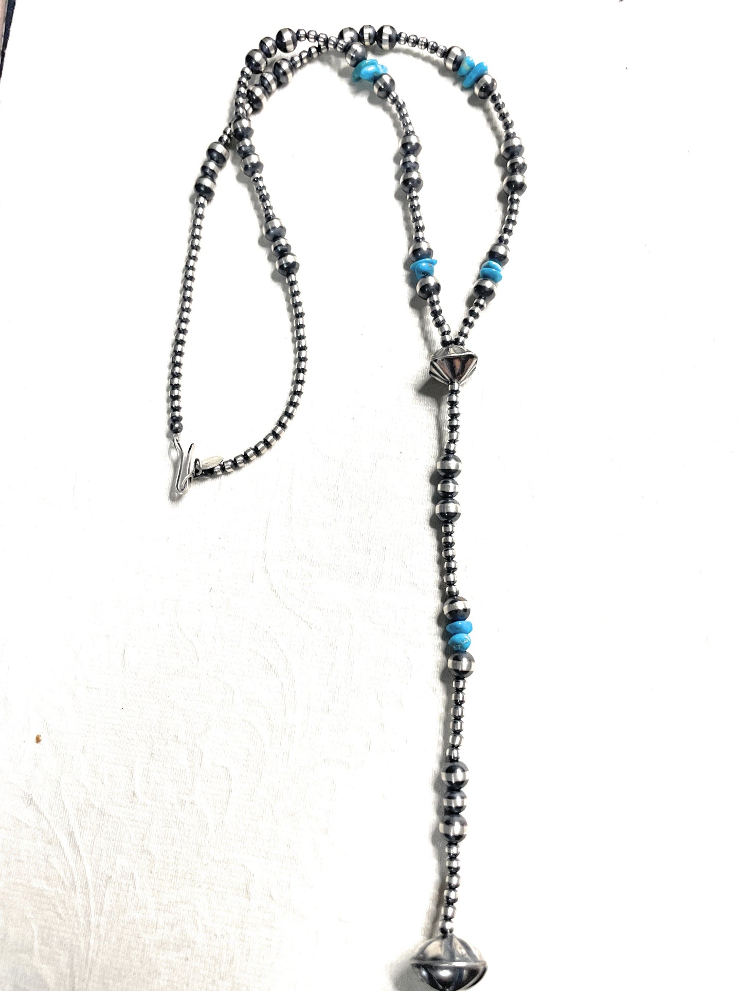 Navajo Sterling Silver & Turquoise Beaded Lariat Necklace