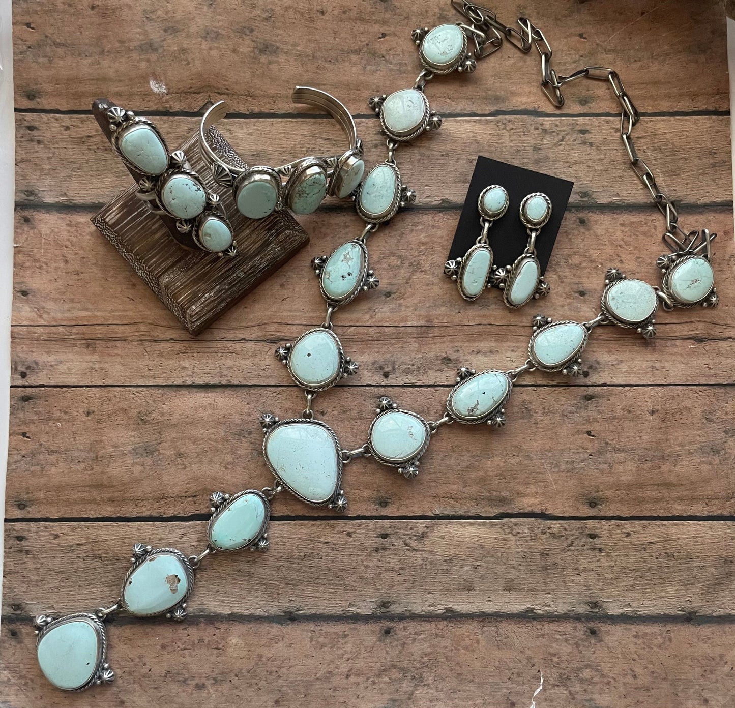 Larry Kaye Navajo Dry Creek Turquoise Drop Necklace, Earrings, Ring, Bracelet Set