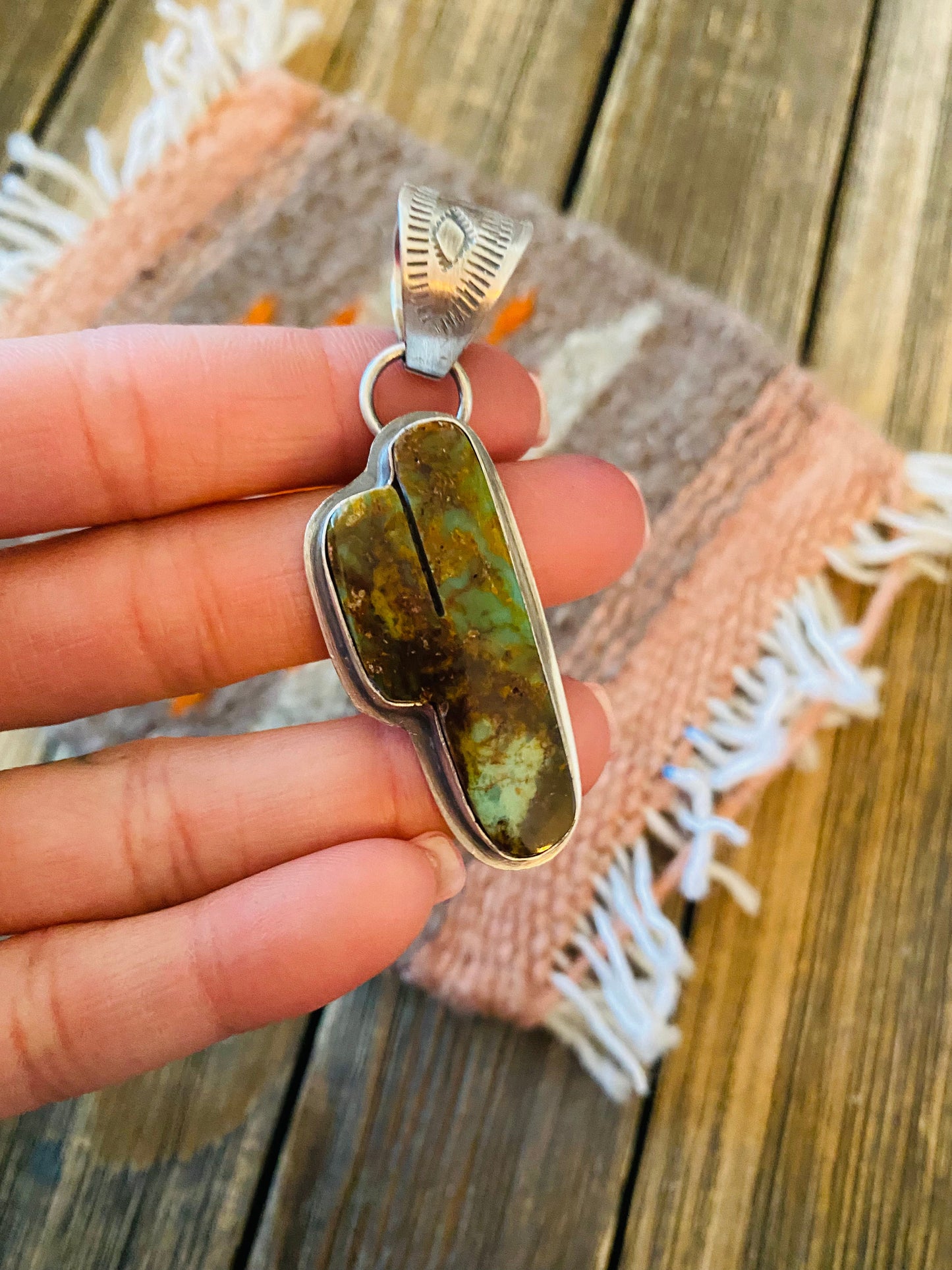 Navajo Sterling Silver & Turquoise Cactus Pendant