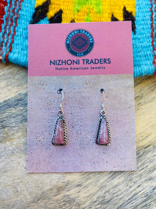 Navajo Sterling Silver & Rhodochrosite Dangle Earrings