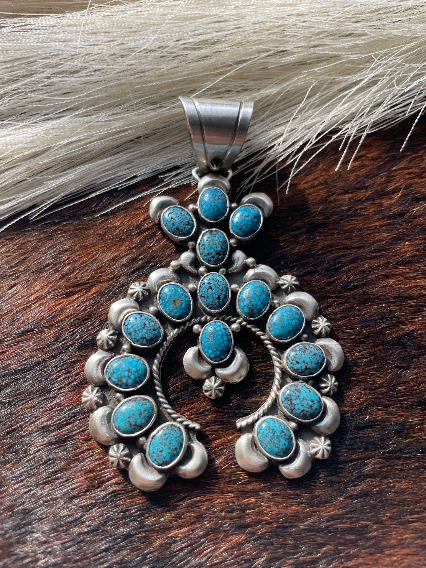 Navajo Turquoise & Sterling Silver Naja Pendant Signed P Yazzie