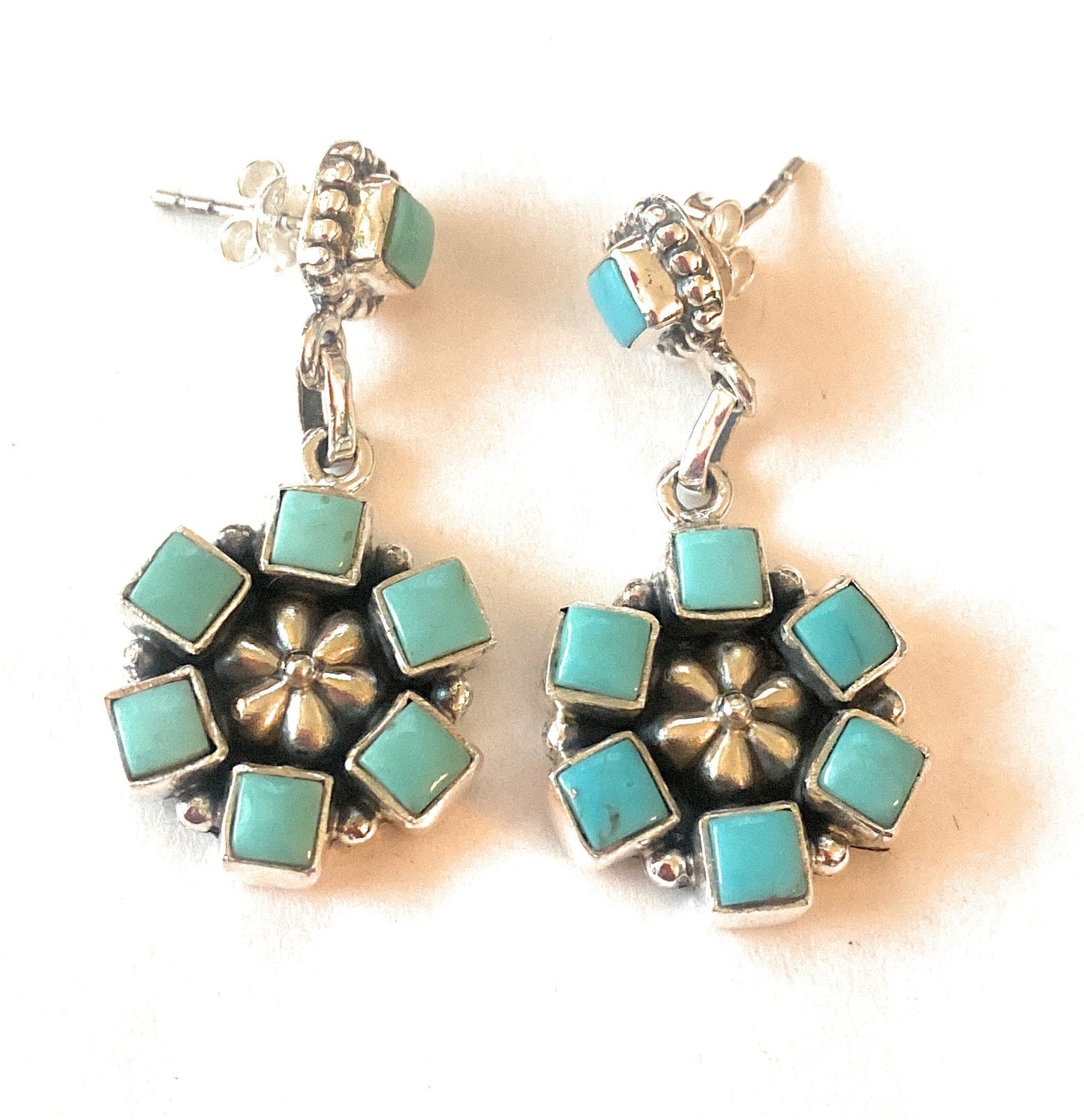 Handmade Turquoise And Sterling Silver Cluster Dangle Earrings