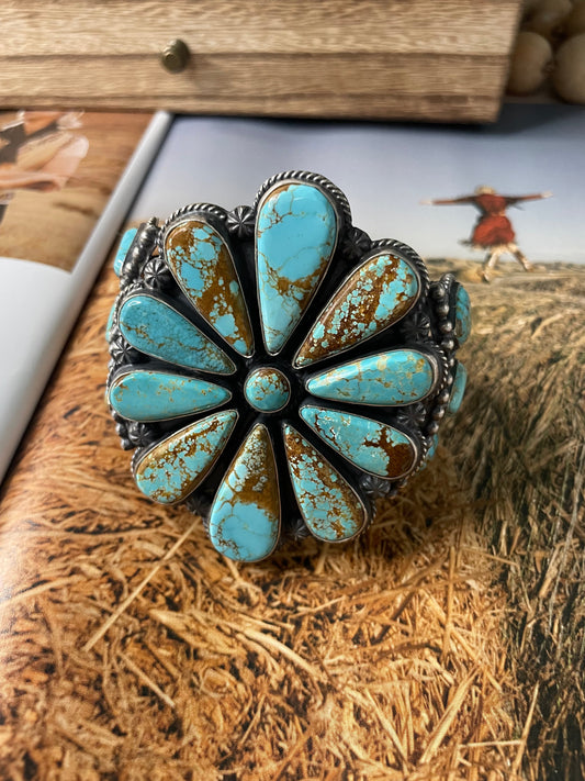 Anthony Skeets Navajo Flower Turquoise & Sterling Silver Cuff Bracelet Signed