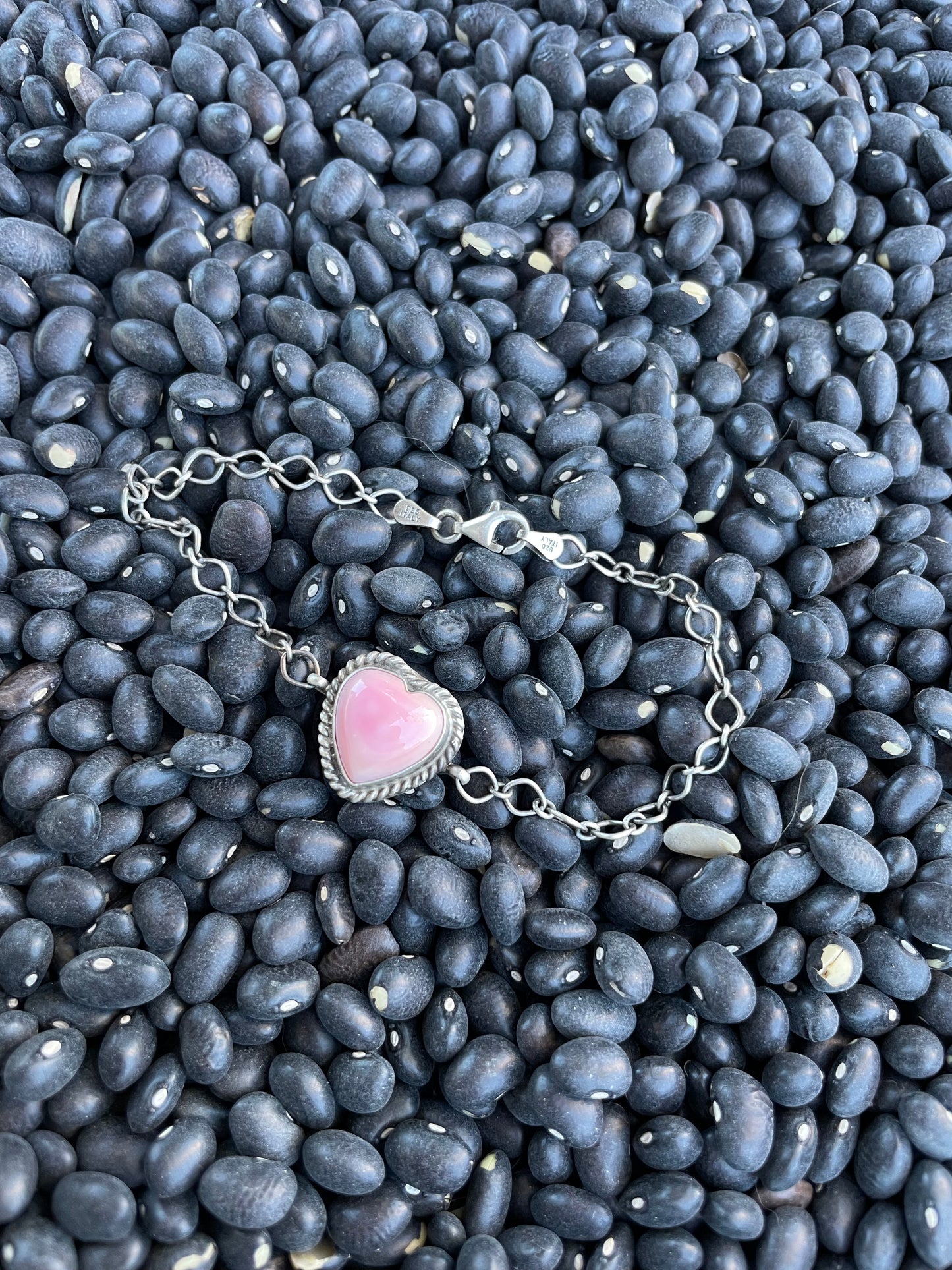 Navajo Queen Pink Conch Shell & Sterling Silver Heart Bracelet By P. Skeets