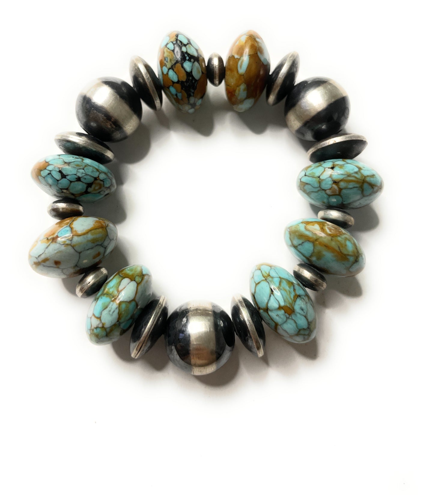 Navajo Sterling Silver Stretchy Natural #8 Turquoise Beaded Bracelet