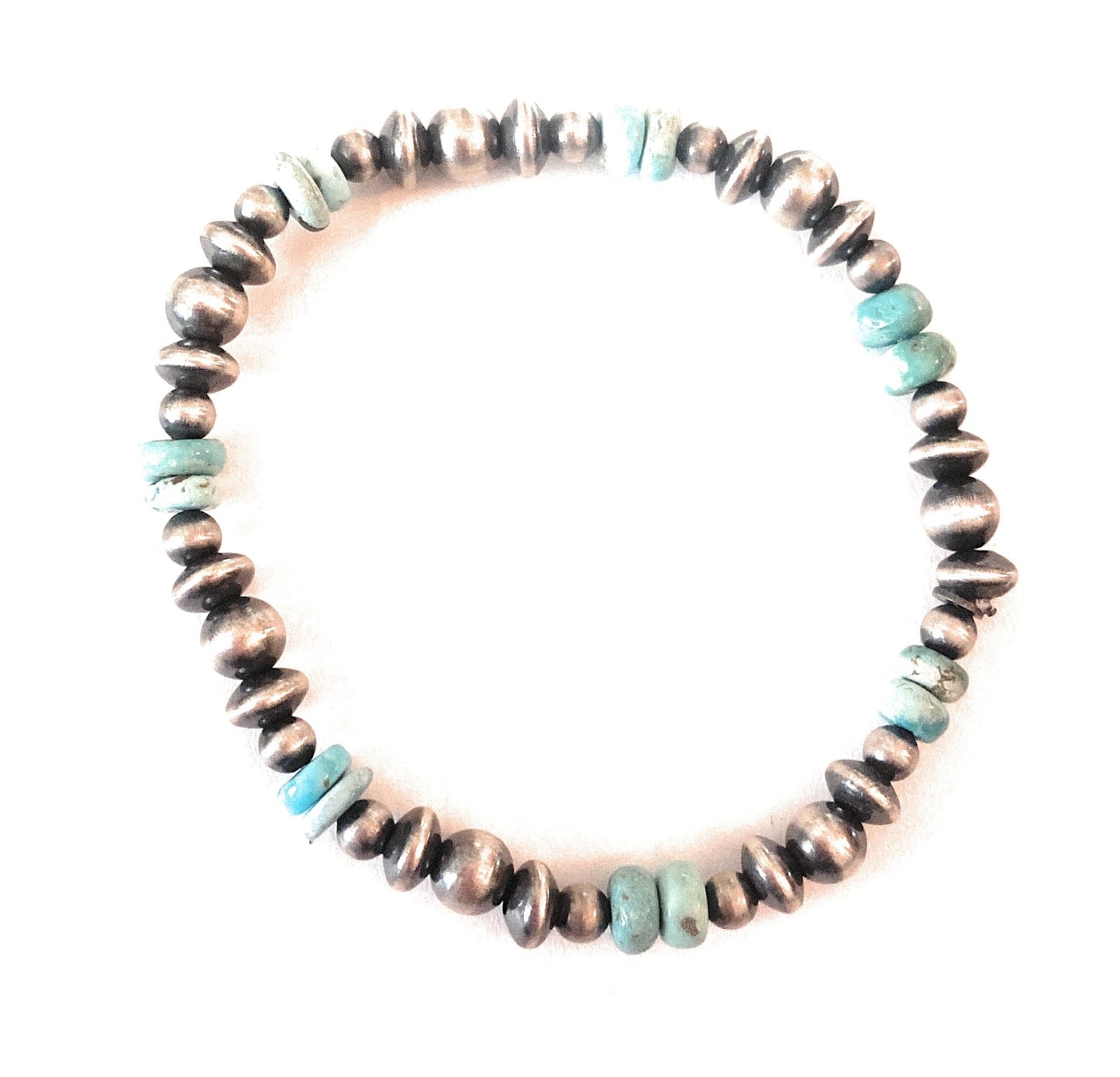 Handmade 14 Stone Turquoise & Sterling Silver Beaded Graduated Stretch Bracelet 14