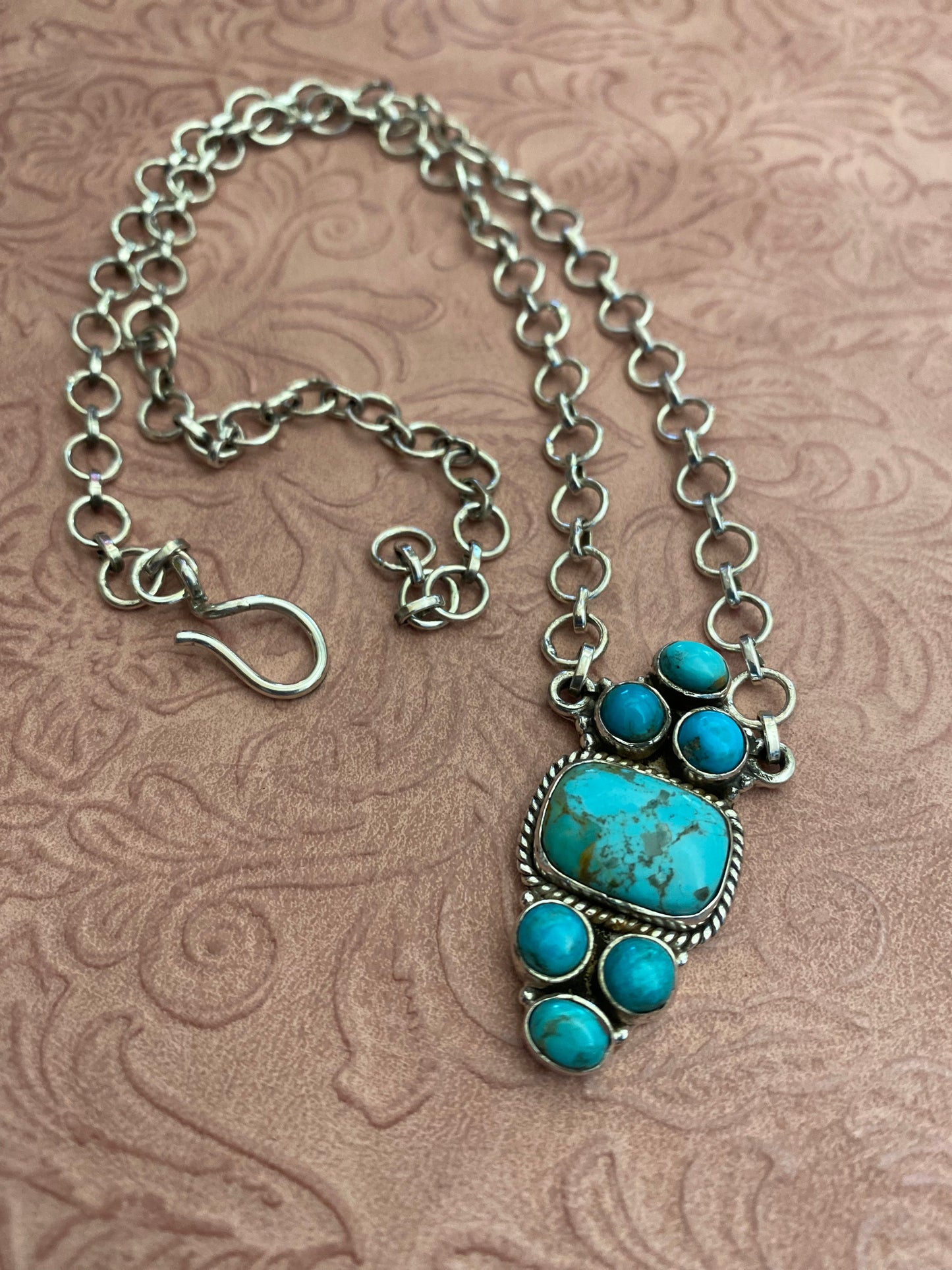 Handmade Sterling Silver and Kingman Turquoise Necklace Signed Nizhoni