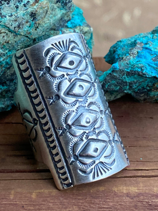 Marcella James Navajo Sterling Silver Concho Hand Stamped Ring