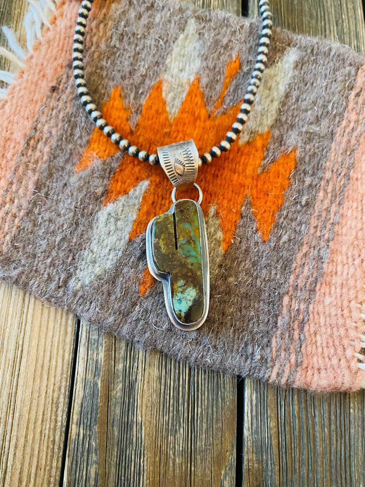 Navajo Sterling Silver & Turquoise Cactus Pendant