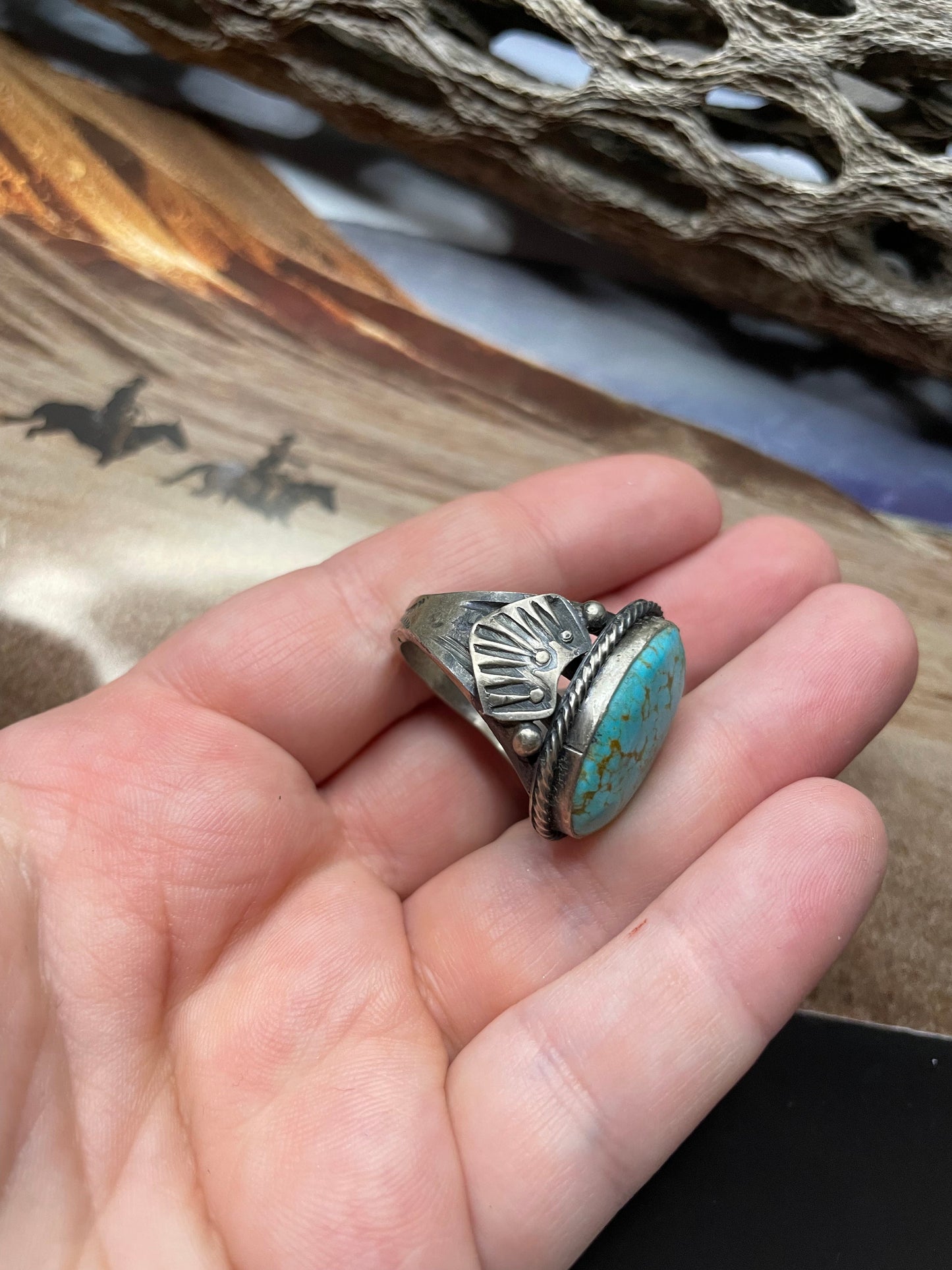 Navajo Turquoise & Sterling Silver Ring Size 9 Signed