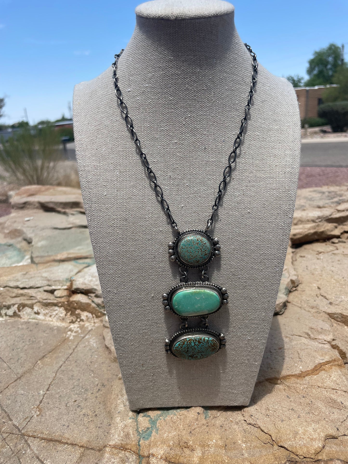 Navajo Kingman Turquoise & Sterling Silver Drop Necklace Signed