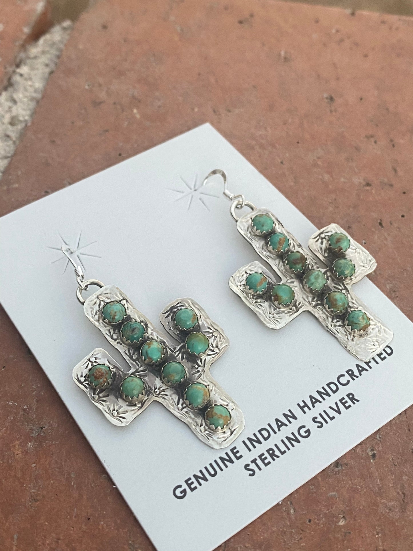 Navajo Sterling Silver & Royston Turquoise Saguaro Dangle Earrings