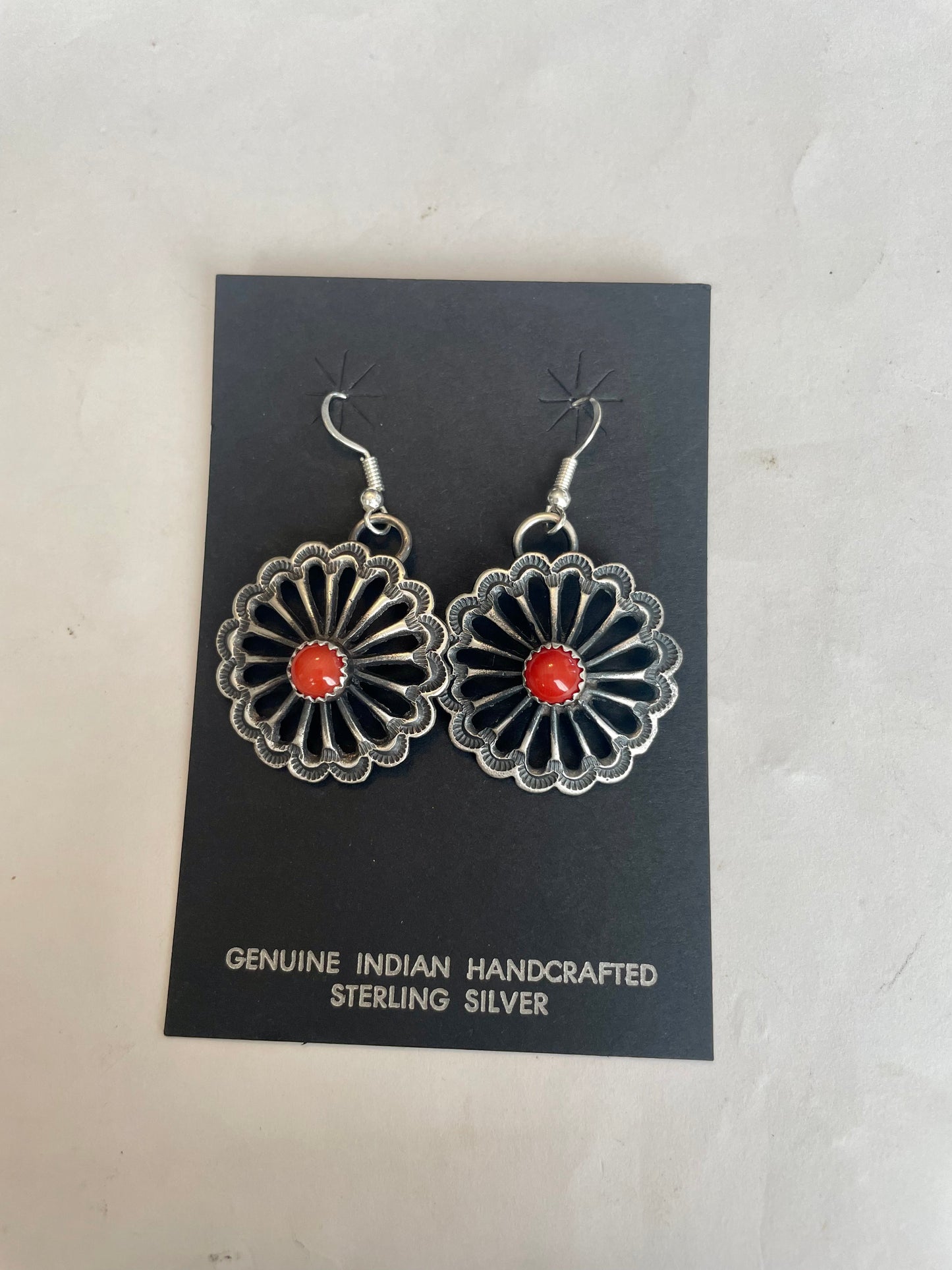Navajo Red Coral And Sterling Silver Flower Earrings