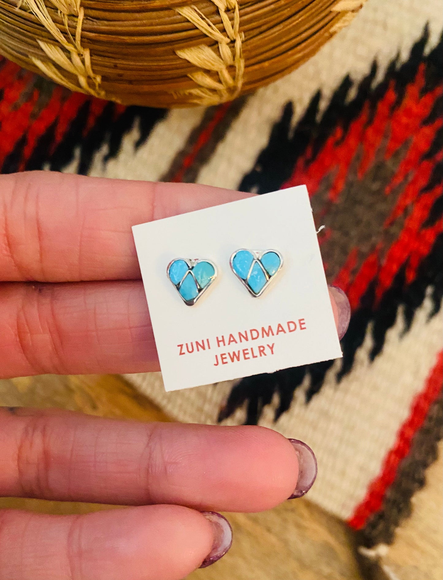 Zuni Sterling Silver & Turquoise Inlay Stud Heart Earrings