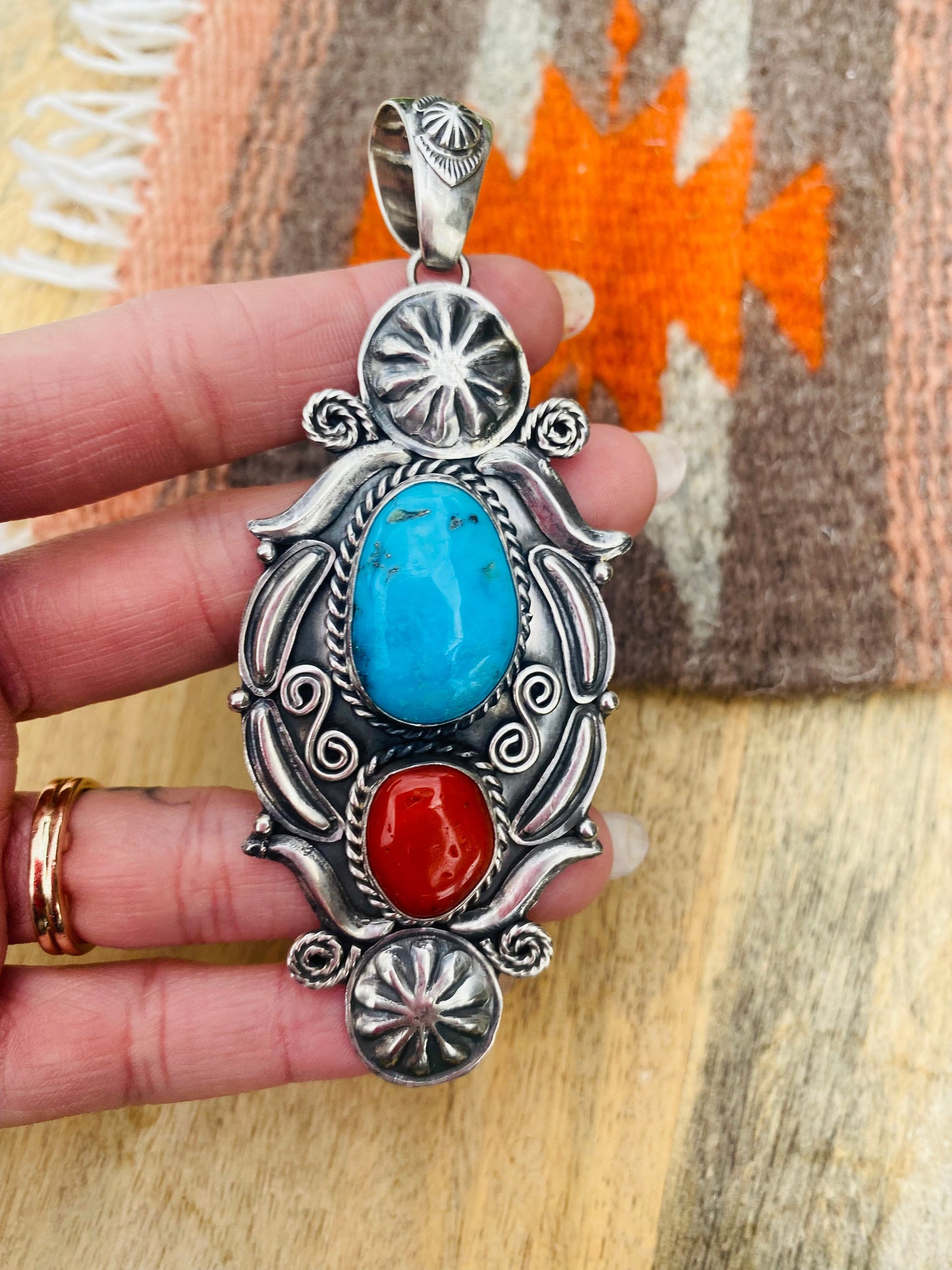 Navajo Sterling Silver, Kingman Turquoise & Coral Pendant Signed