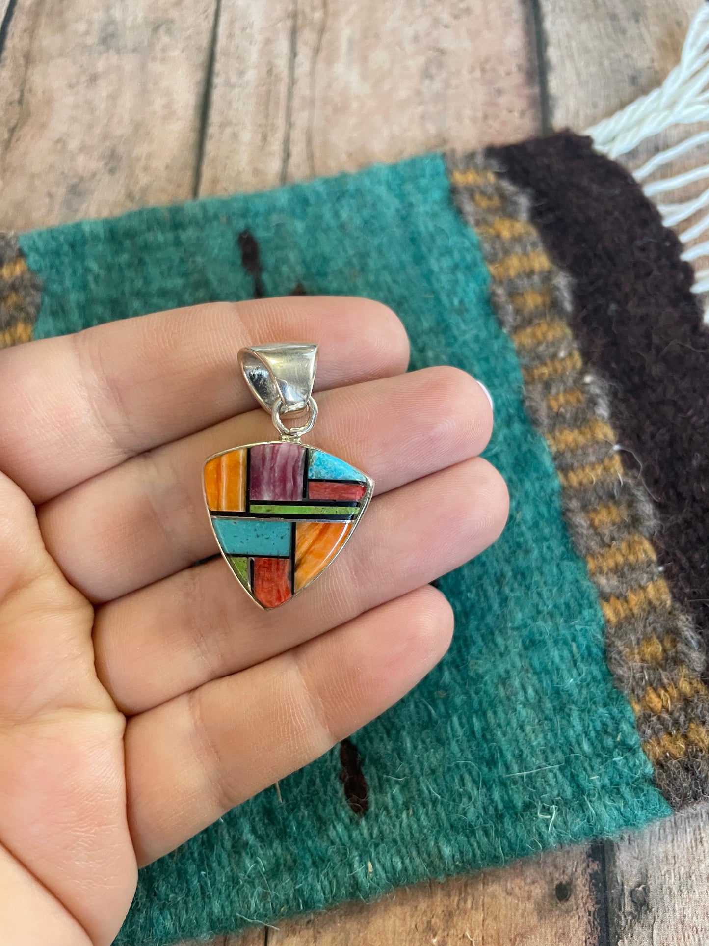 Navajo Multi Stone Inlay & Sterling Silver Pendant Signed