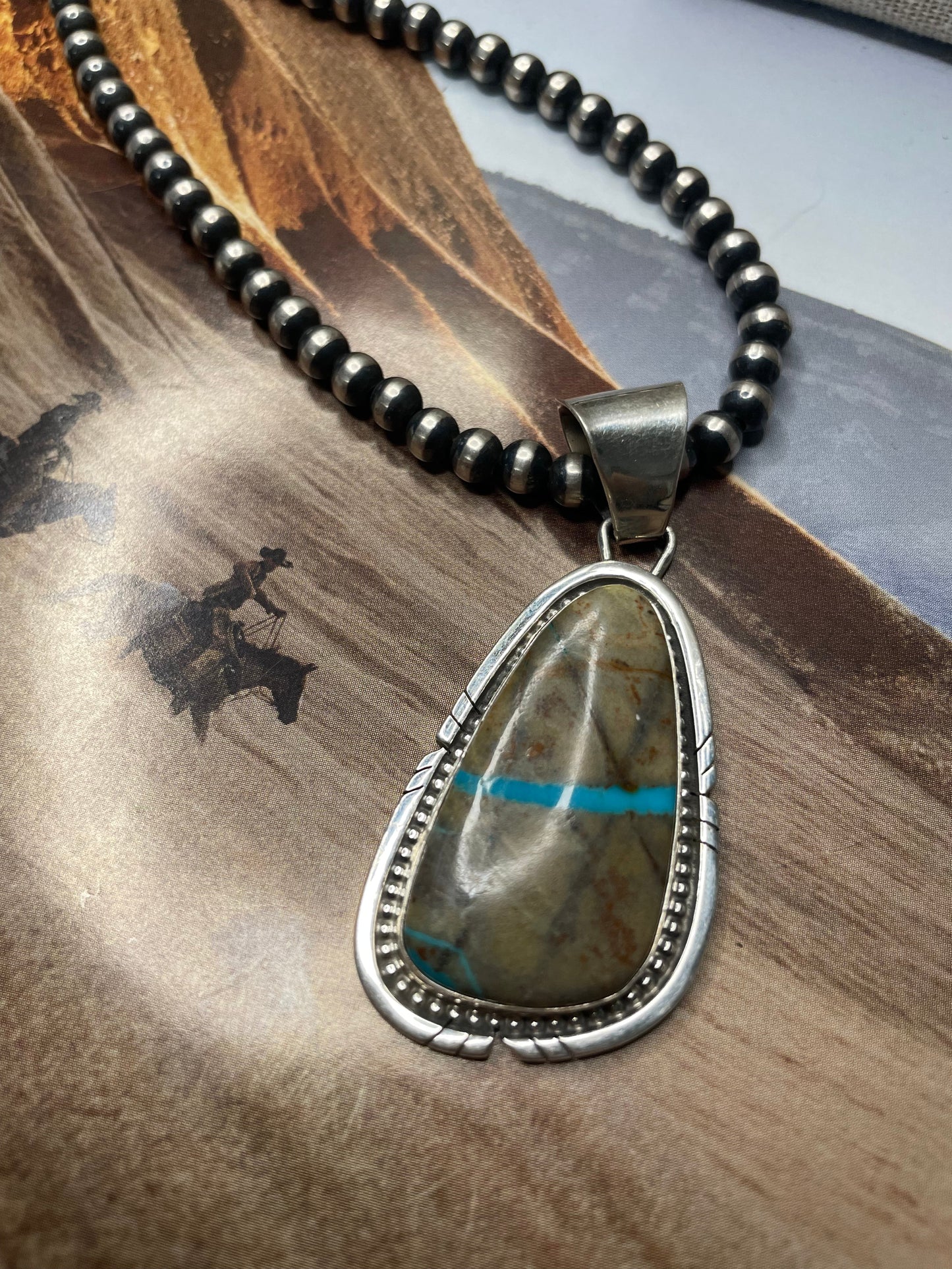 Navajo Sterling Silver & Turquoise Pendant Signed Sheila