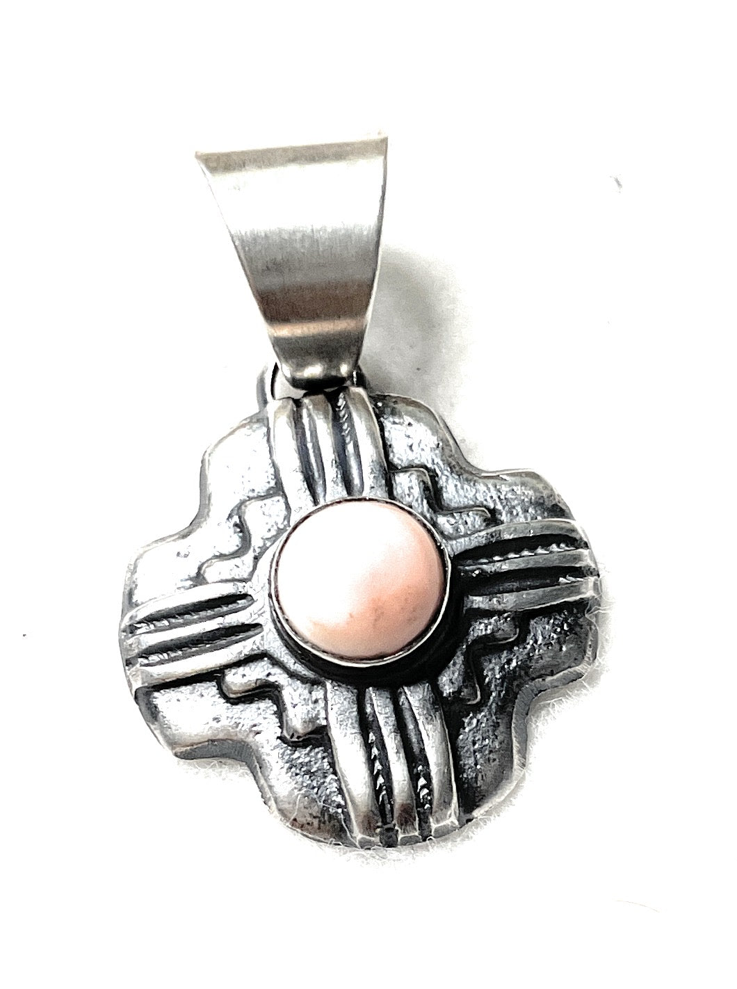 Navajo Sterling Silver Zia  Pink Conch Pendant By Chimney Butte