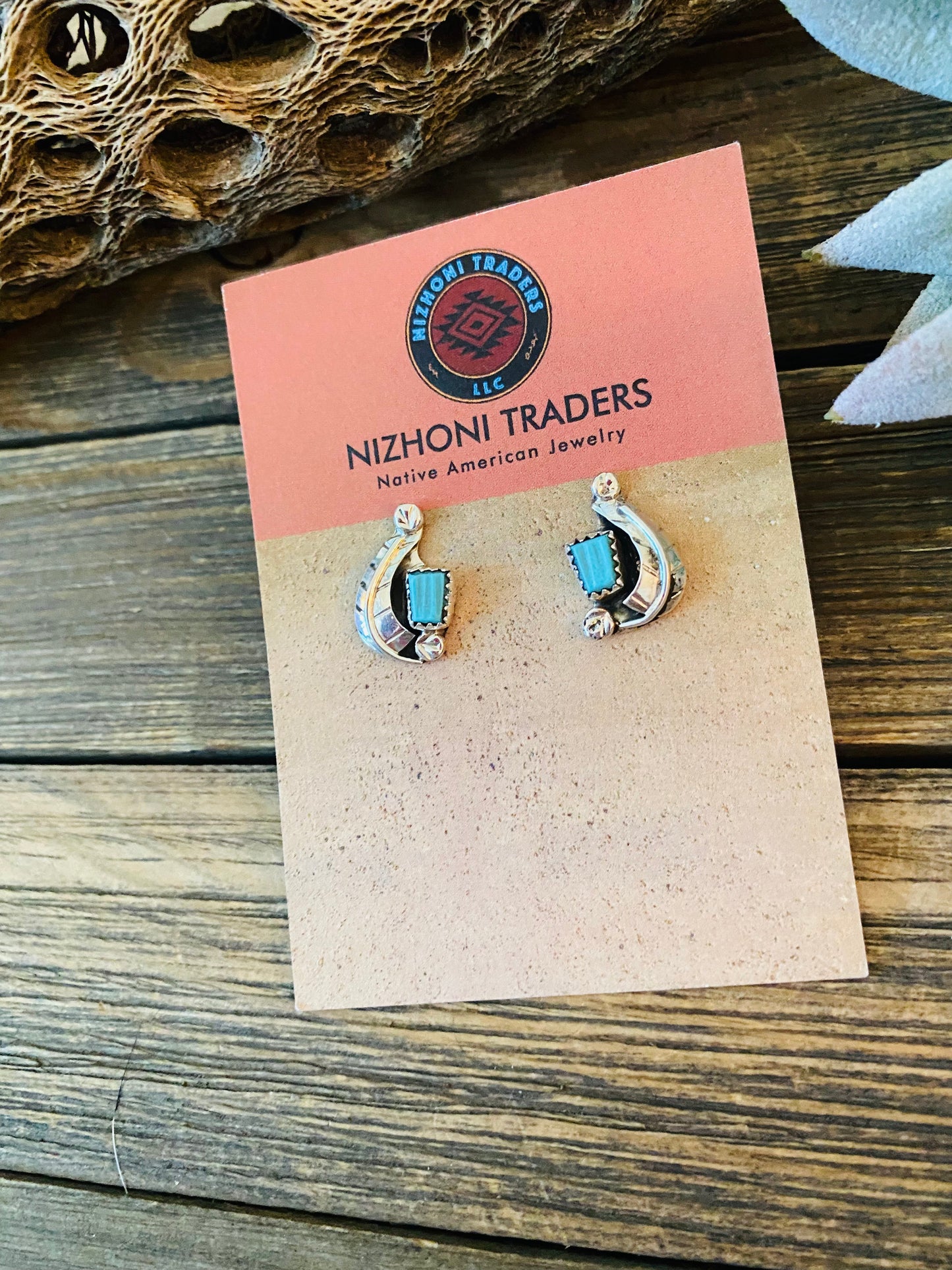 Navajo Sterling Silver & Turquoise Feather Stud Earrings Signed