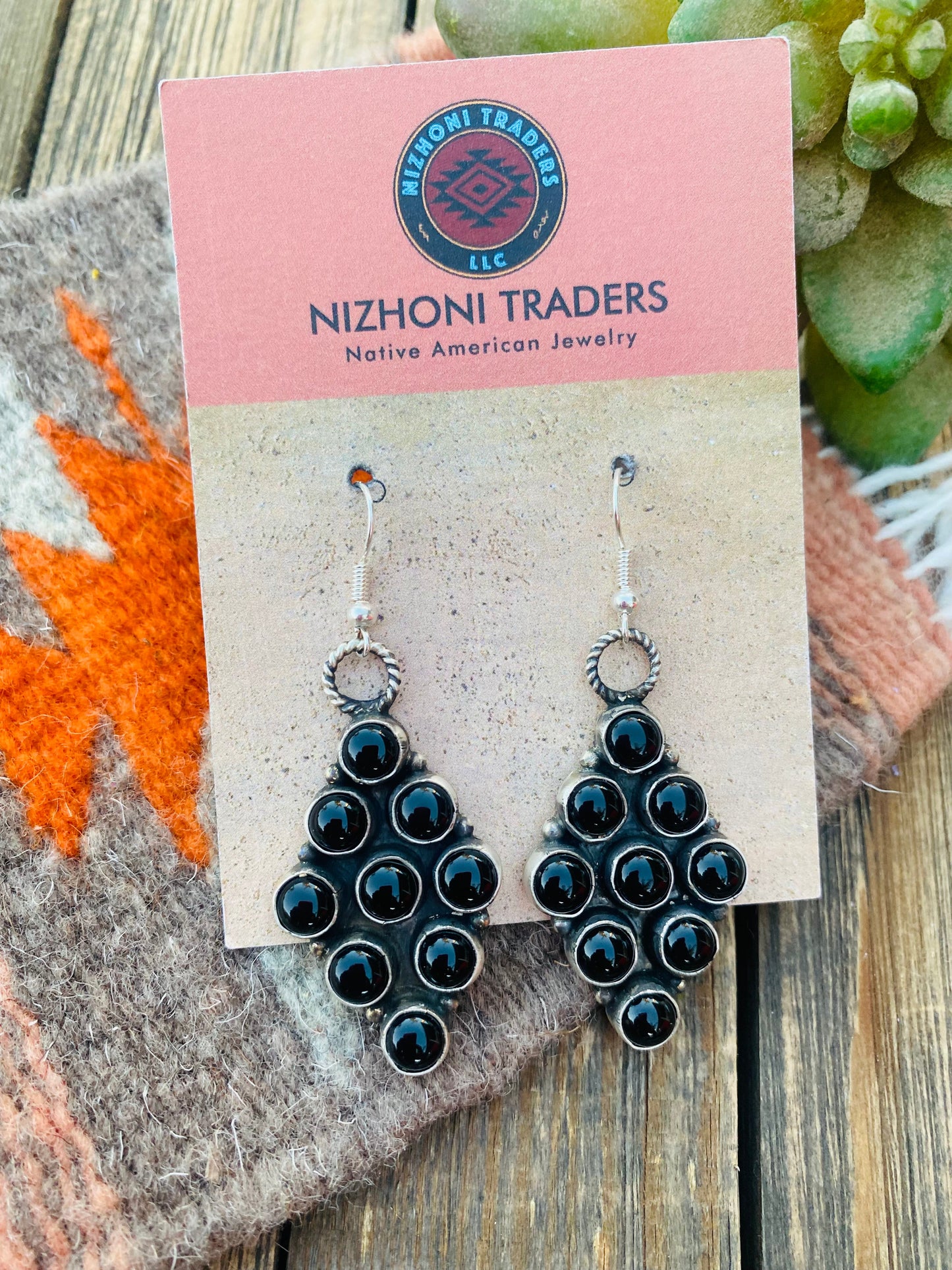 Navajo Onyx And Sterling Silver Cluster Dangle Earrings