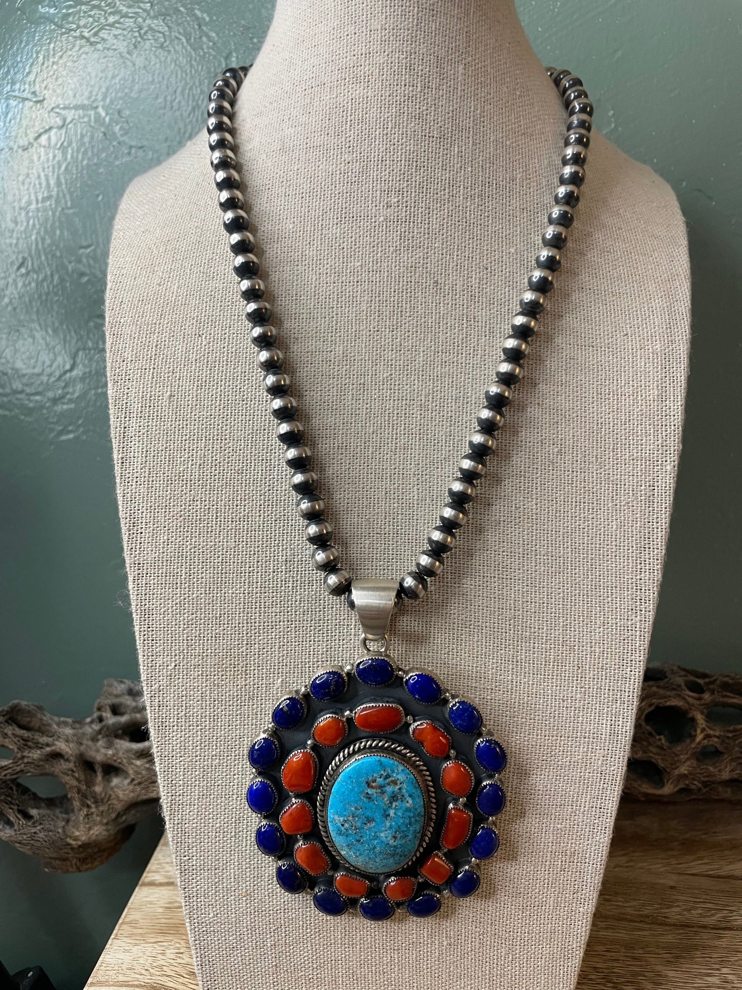 Navajo Natural Kingman Turquoise, Natural Coral, Lapis & Sterling Silver Pendant Signed