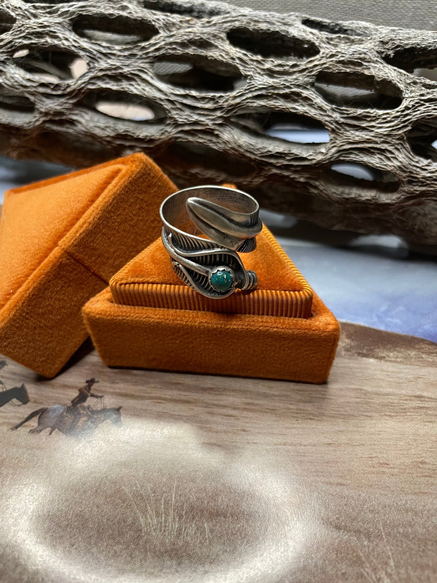 Navajo Sterling Silver And Turquoise Feather Ring Size 5.5