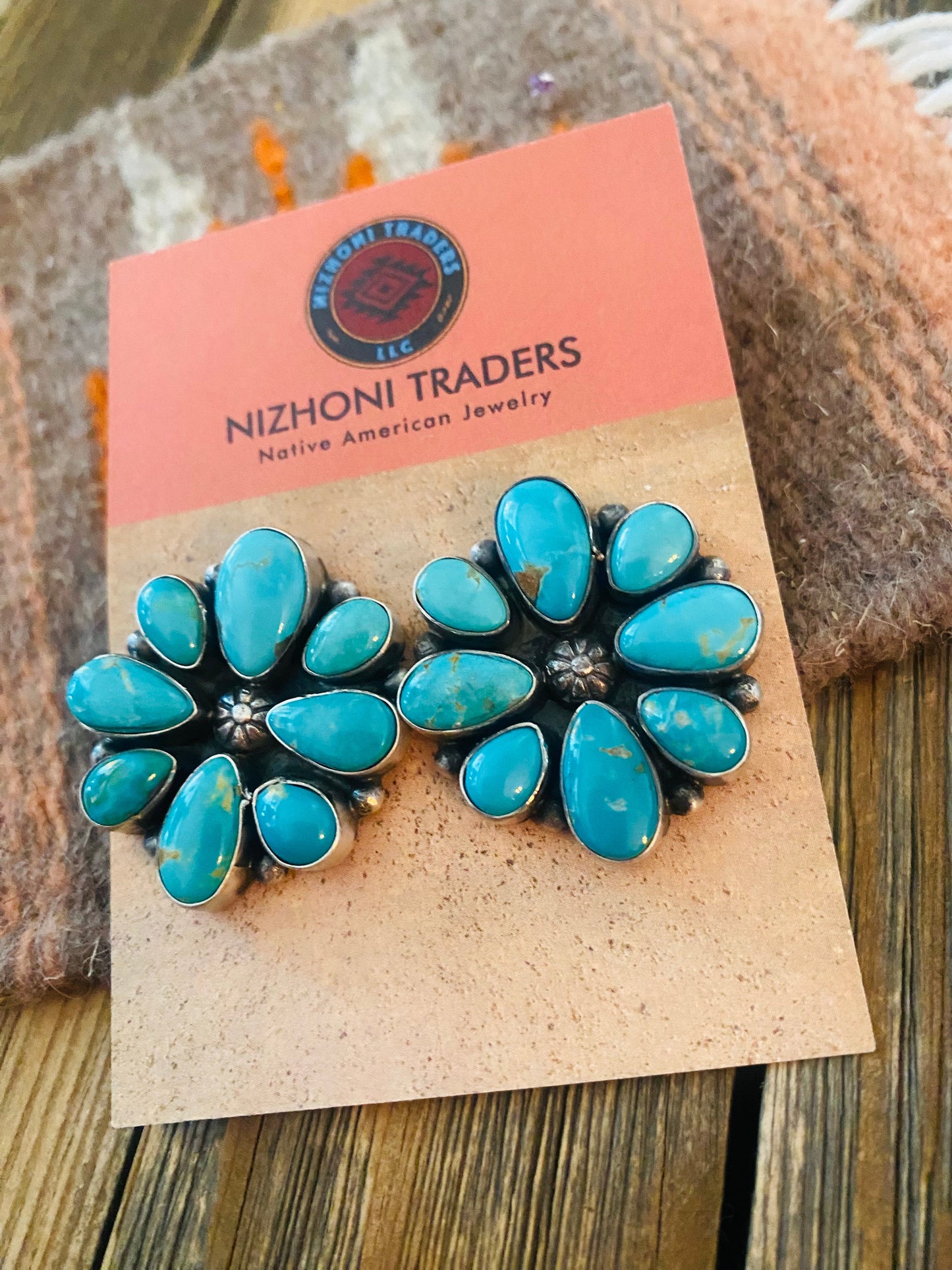 Navajo Sterling Silver & Natural Turquoise Cluster Post Earrings