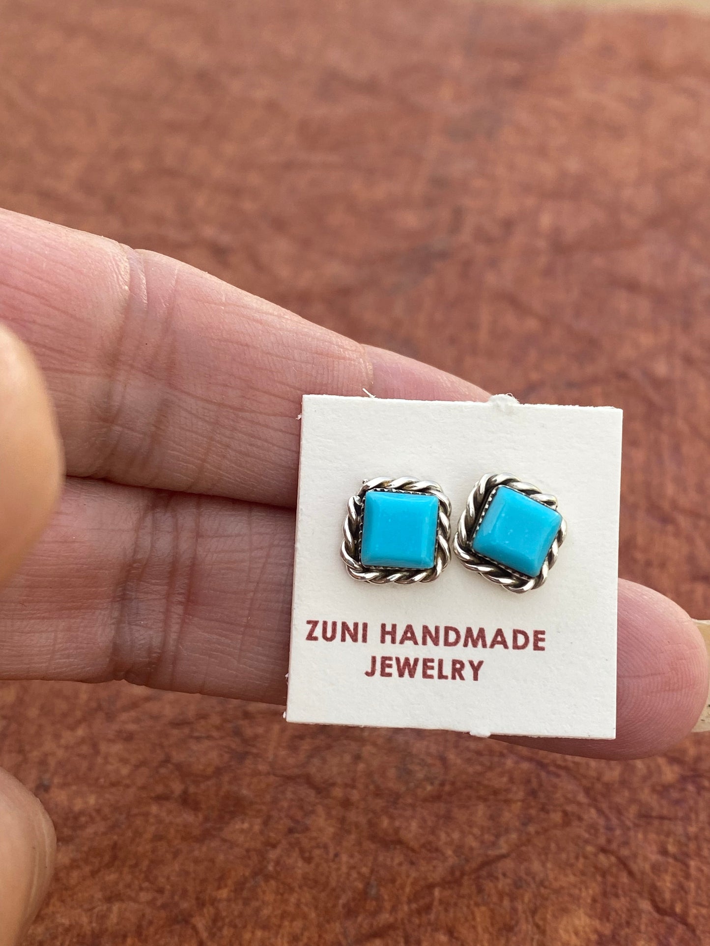 Zuni Sterling Silver Kingman Turquoise Square Stud Earrings
