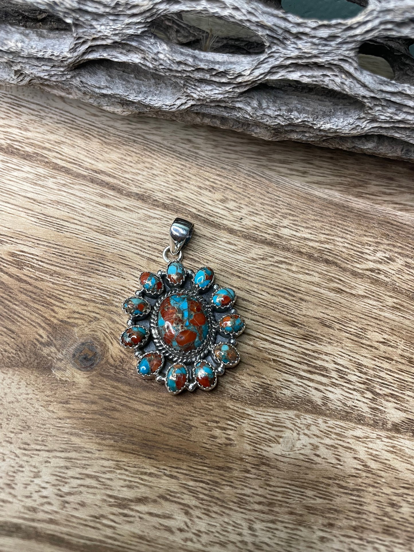 Handmade Sterling Silver And Coral Mojave Cluster Pendant