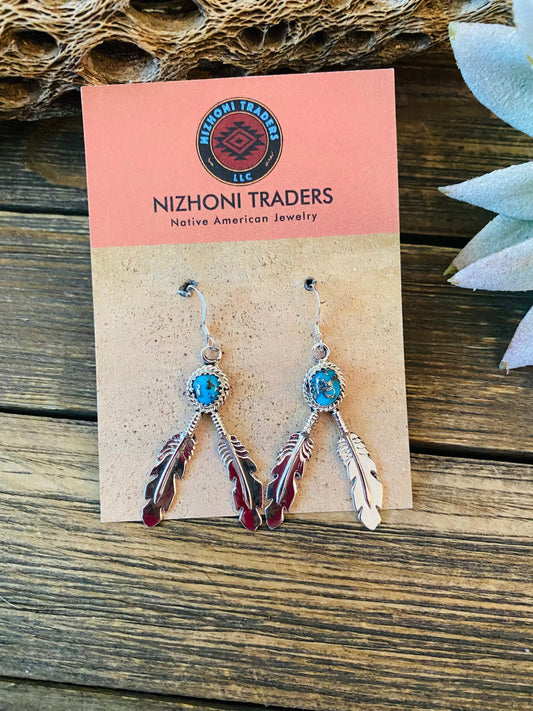 Navajo Sterling Silver & Turquoise Feather Dangle Earrings