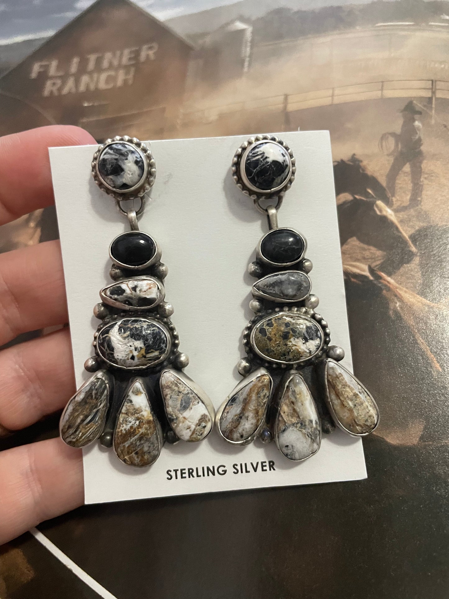 Navajo White Buffalo Cluster Dangle Earrings By Sheila Becenti